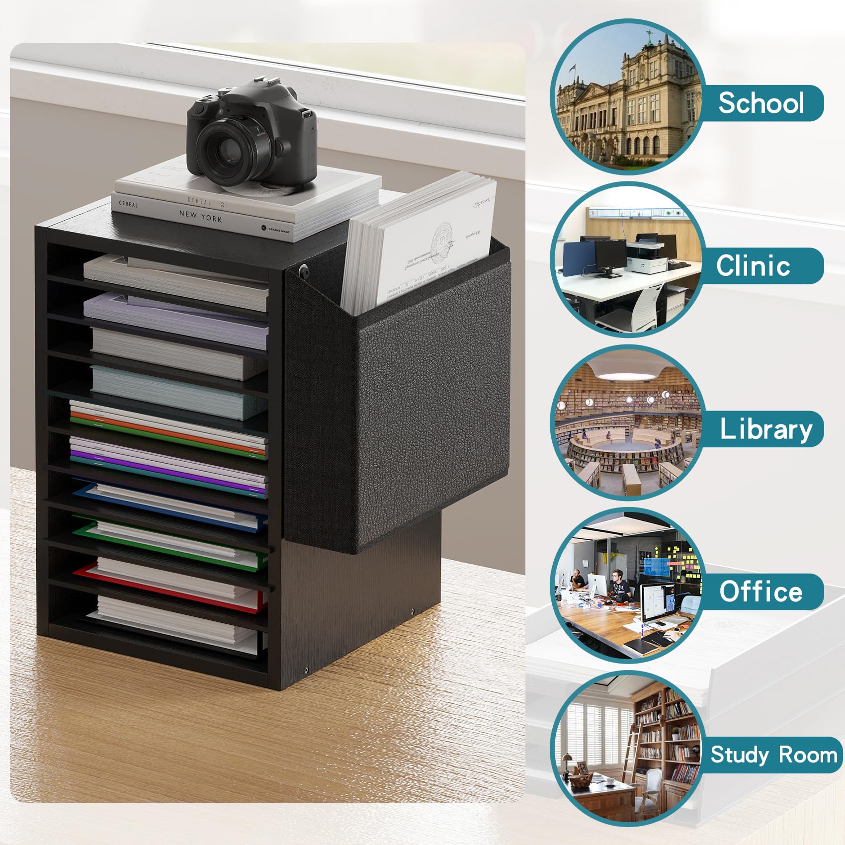 Wooden Office Mail Sorter with 10-Tier Adjustable Compartments & Storage Bag - Classroom Mailbox Organizer for Teachers, Students & Home Office - Perfect for Desk Organization, Paper Sorting & Document Management