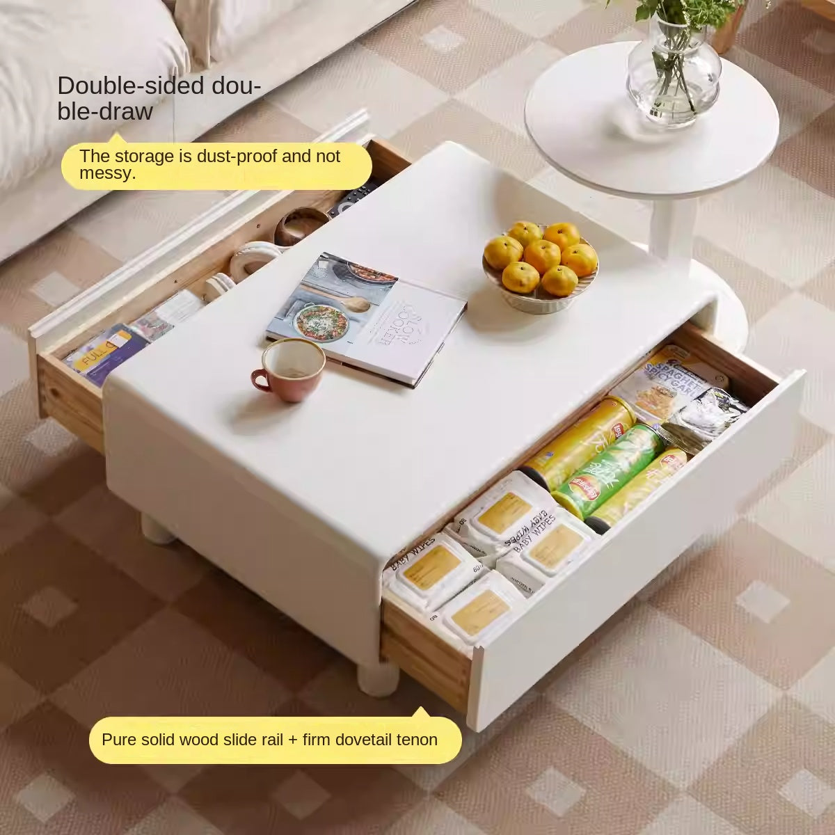 Modern Oak Solid Wood Coffee Table - Cream Finish, Minimalist Design for Living Room, Lounge, or Office - Durable & Stylish Home Decor