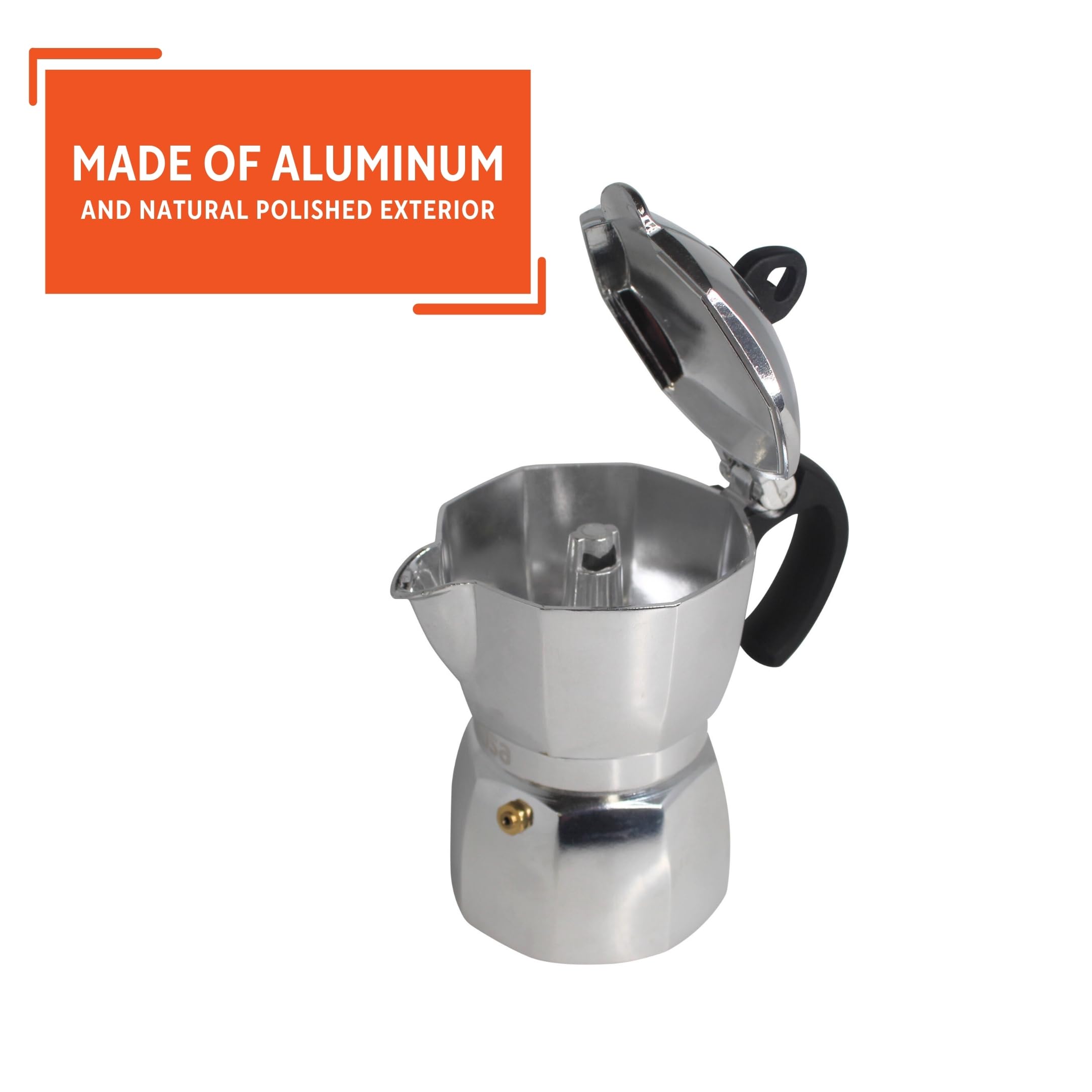 Imusa 3 Cup Stovetop Espresso Maker with Heart Shaped Knob - Silver Italian Coffee Maker for Home & Office - Perfect for Espresso, Cappuccino & Latte