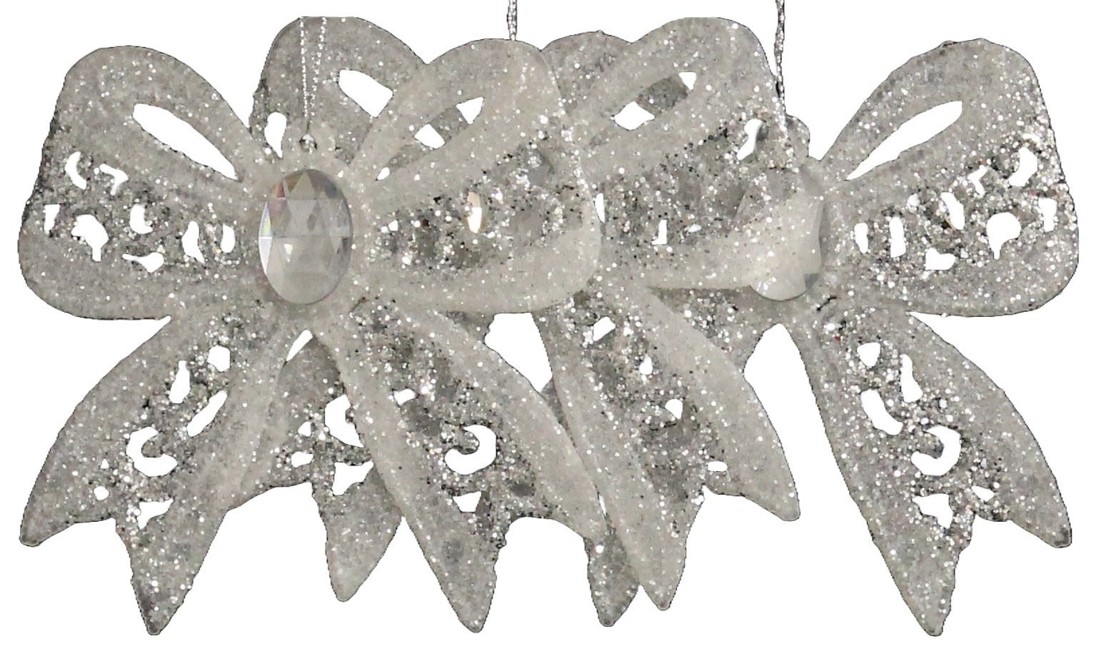 3 Pack Silver & White Glitter Bow Ornaments - Christmas Tree Decorations, Gift Wrapping, Party Favors & Home Decor Accessories