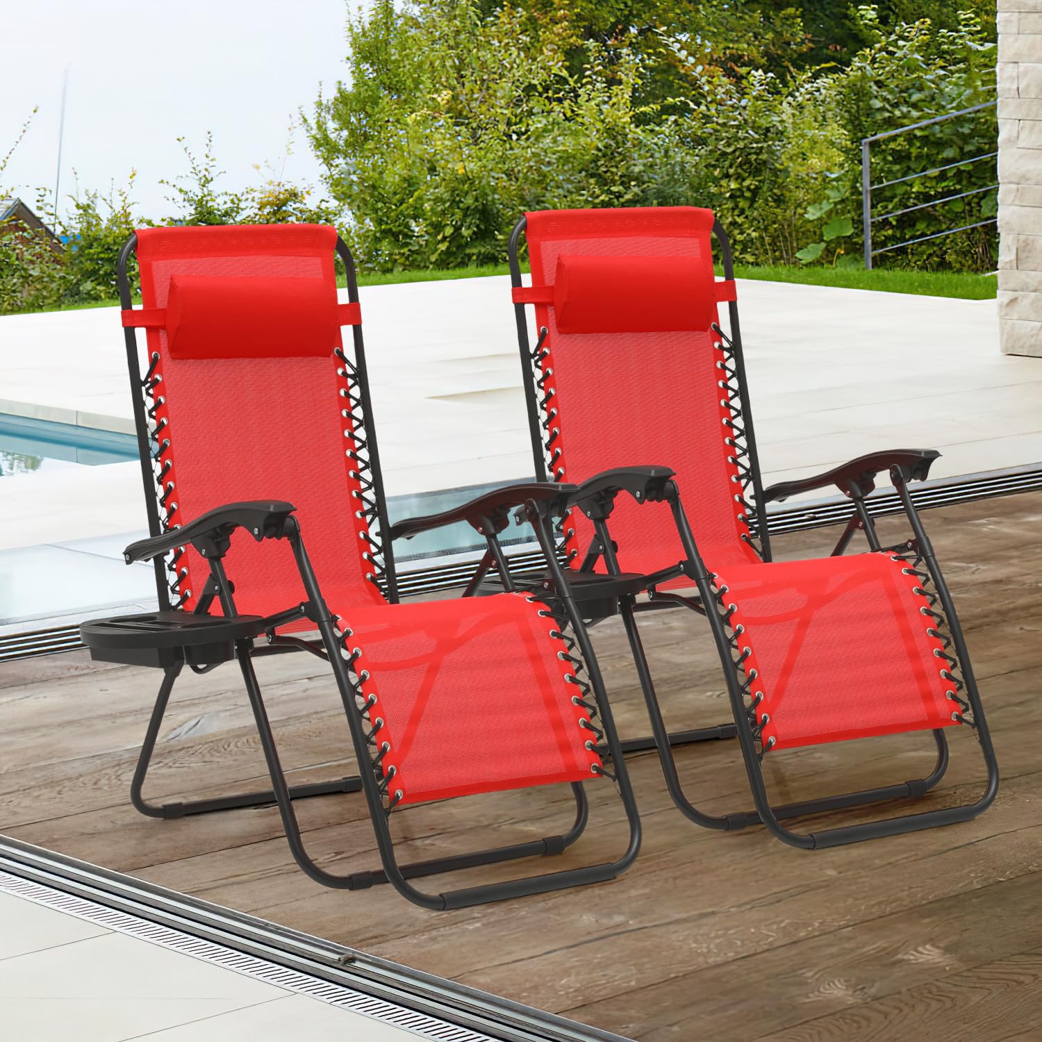 Magshion Zero Gravity Lounge Chairs Set of 2 - Adjustable Outdoor Patio Recliners with Side Tray & Pillow Headrest - Foldable Anti-Gravity Chairs for Lawn, Camping, Beach (Red) - Perfect for Relaxing in Backyard, Poolside or Vacation Getaways