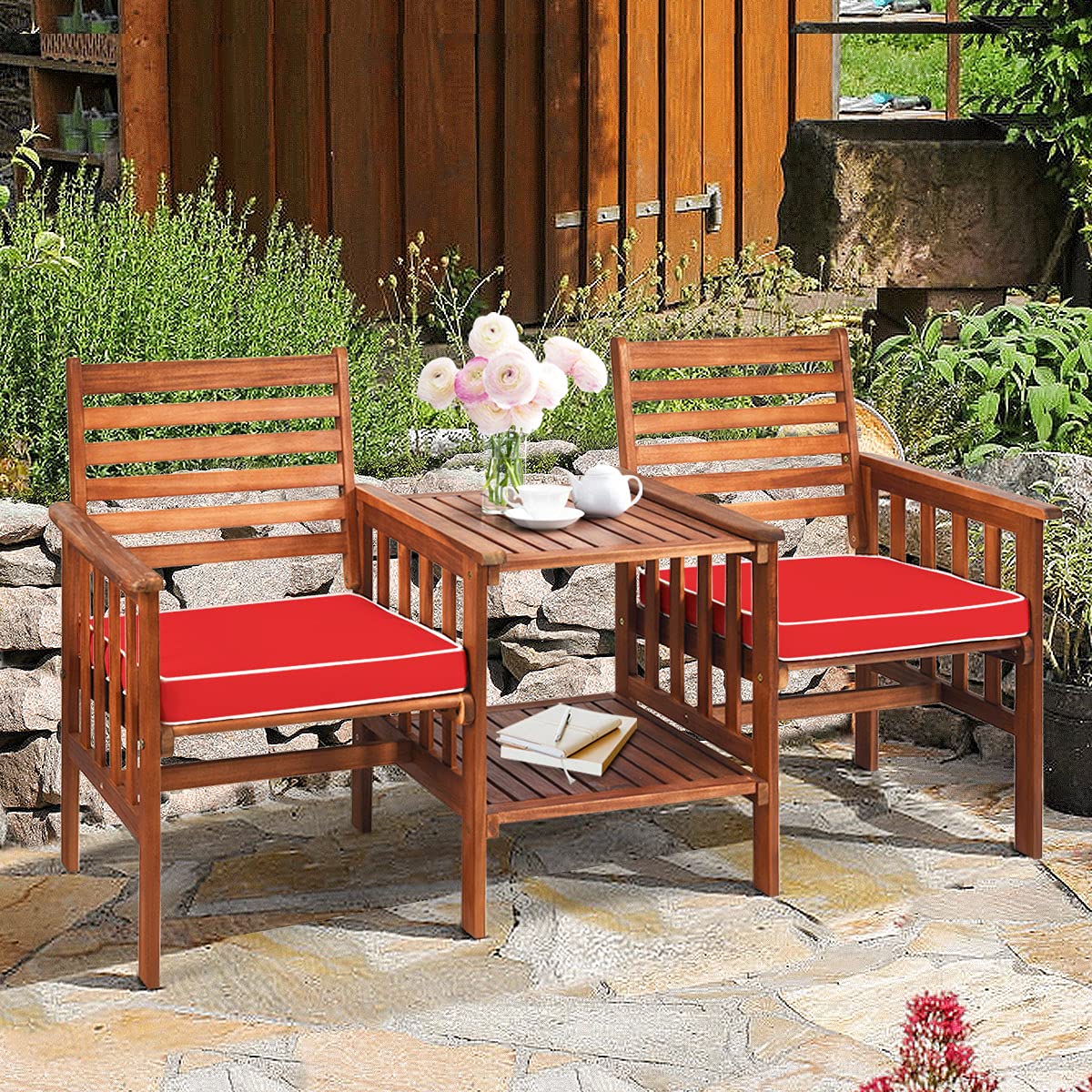 Acacia Wood Loveseat with Table - 2-Piece Outdoor Patio Bistro Set with Cushions & 2.1