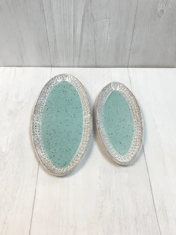 Bari Moss Ceramics Small Flat Oval Dish with Seashell Rim - Elegant Serving Platter for Appetizers, Desserts, or Jewelry Display #FS12