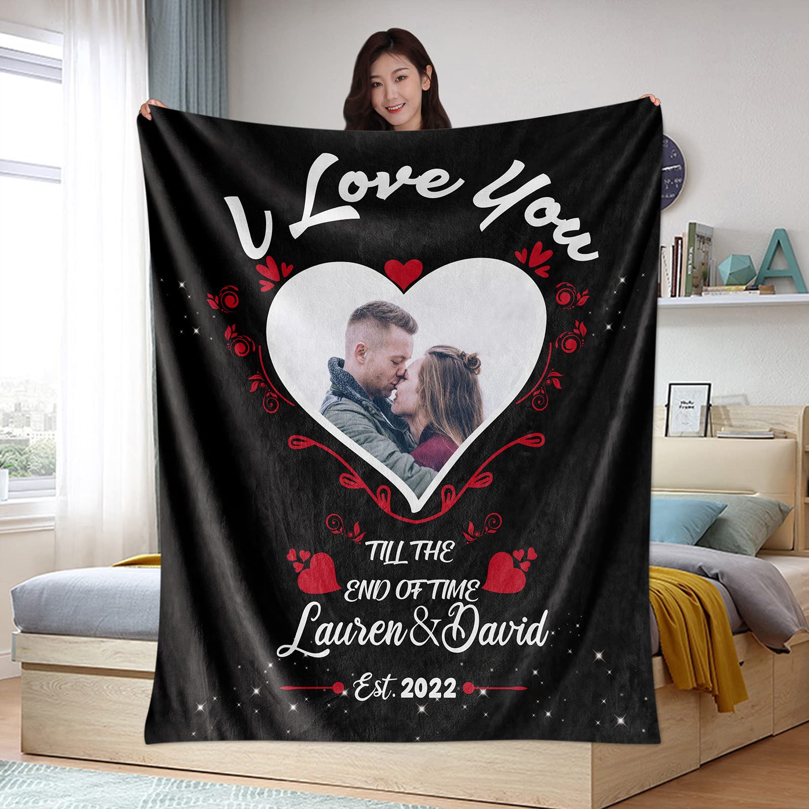 Custom Name & Photo Couple Throw Blanket - Personalized Anniversary Gift for Wife/Husband - 80x60 Inch Soft Fleece Blanket - Perfect for Birthday, Christmas & Valentine's Day - Romantic Gift Idea for Couples - Great for Cuddling on Sofa, Bed or Picnics