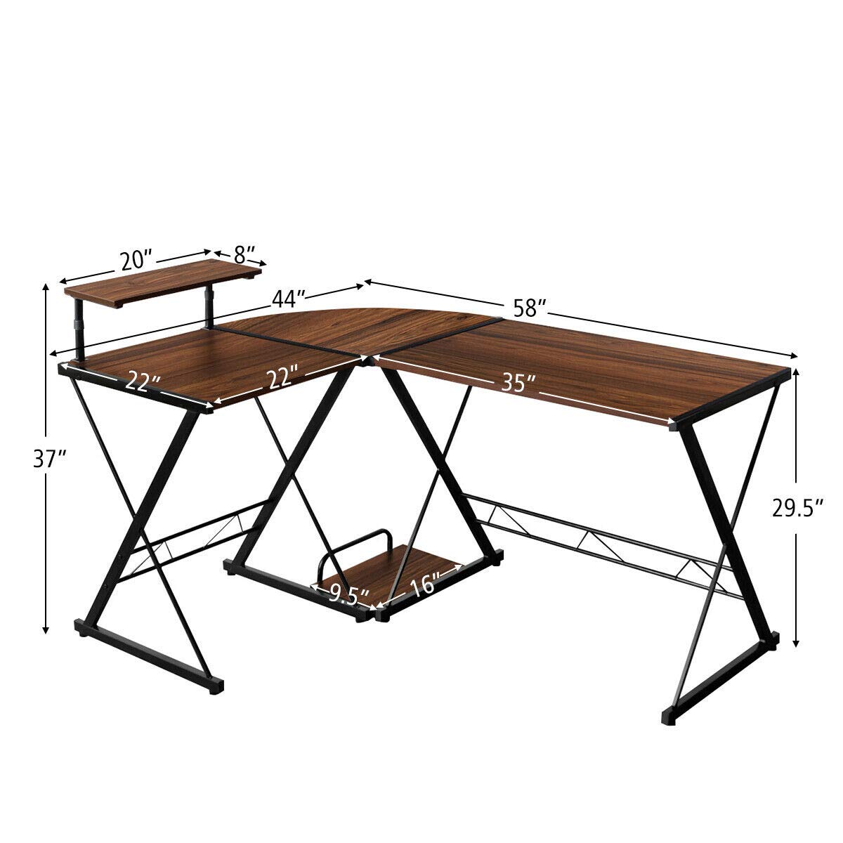 HPW Walnut L-Shaped Computer Desk with Open Storage Shelf & CPU Stand - Home Office Workstation for PC, Laptop, Studying, Reading & Writing - Convertible into 2 Separate Tables for Flexible Workspace Setup