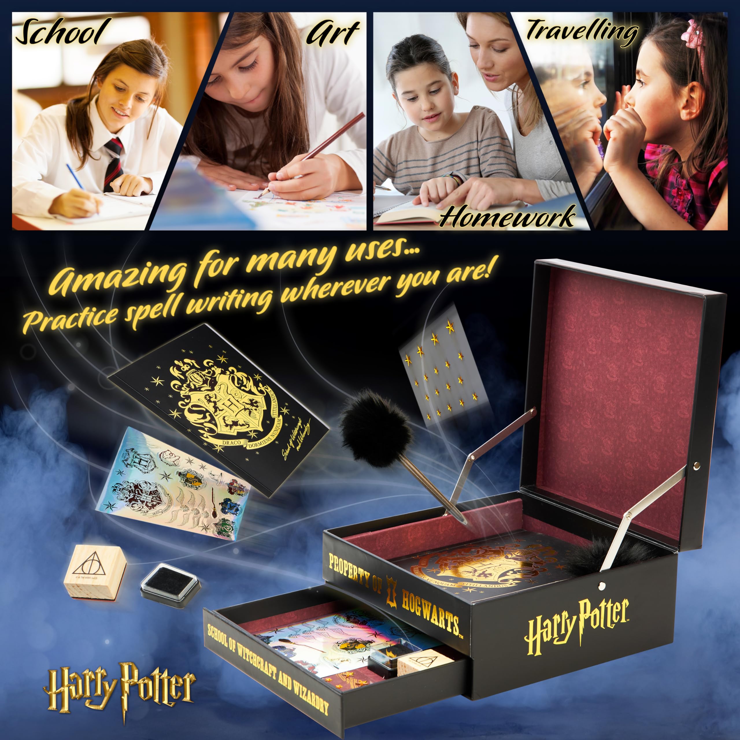 Harry Potter DIY Scrapbook Kit for Kids - Creative Journal Set with Stickers, Stamps & Notebook | Arts and Crafts Supplies for School Projects, Birthday Gifts & Memory Keeping (Black/Burgundy)