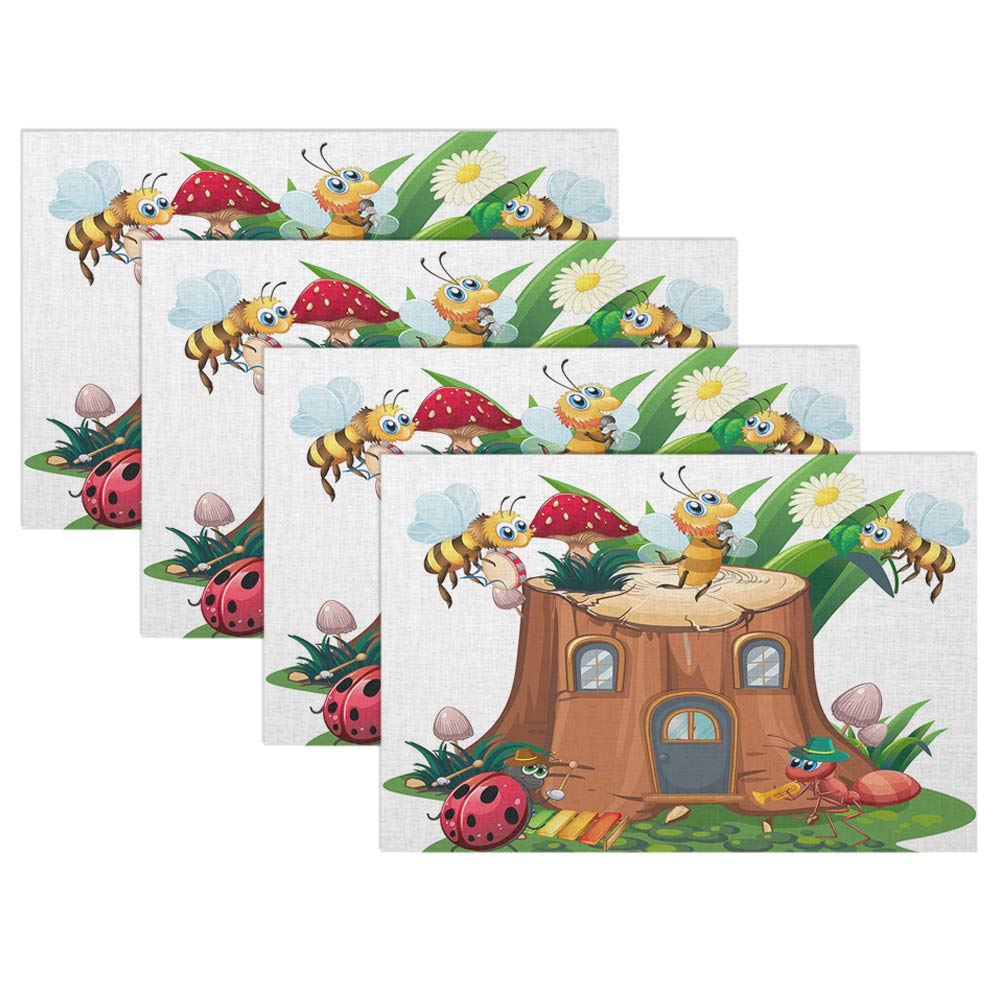 Swono 4-Piece Cartoon Insect Placemat Set - Cute Nature-Themed Music Band Design for Dining & Kitchen Tables (12