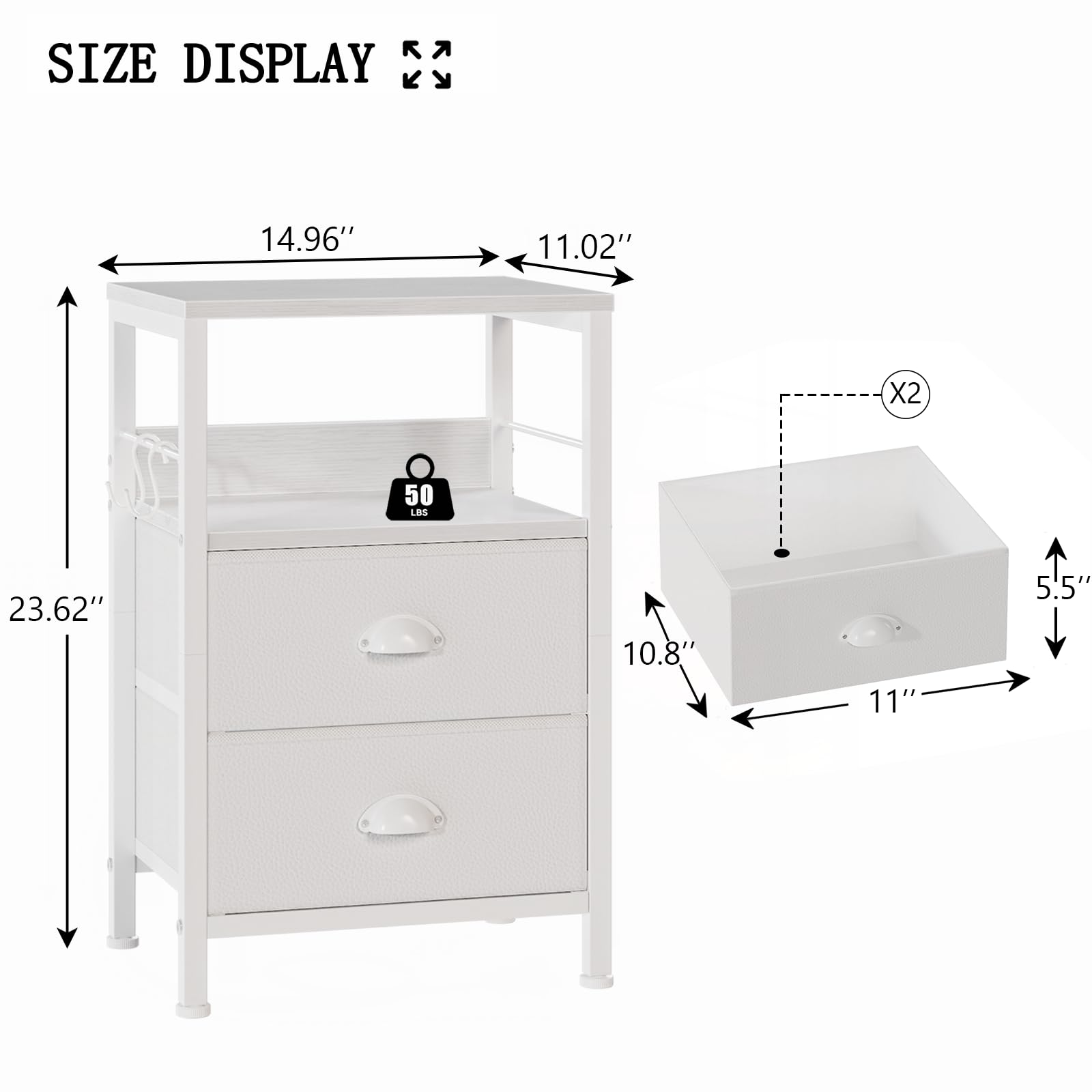 Furologee Nightstand Set of 2 - Modern End Tables with 2 Fabric Drawers & Hooks, Wood Shelf Side Table for Bedroom, Living Room, Hallway - White | Perfect for Small Spaces, Apartment Decor & Storage Solutions