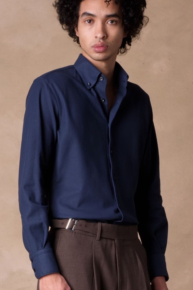 Premium London Button Down Shirt - Navy Blue 100% Cotton Luxury Knit Dress Shirt for Men | Business Casual, Office Wear & Formal Occasions