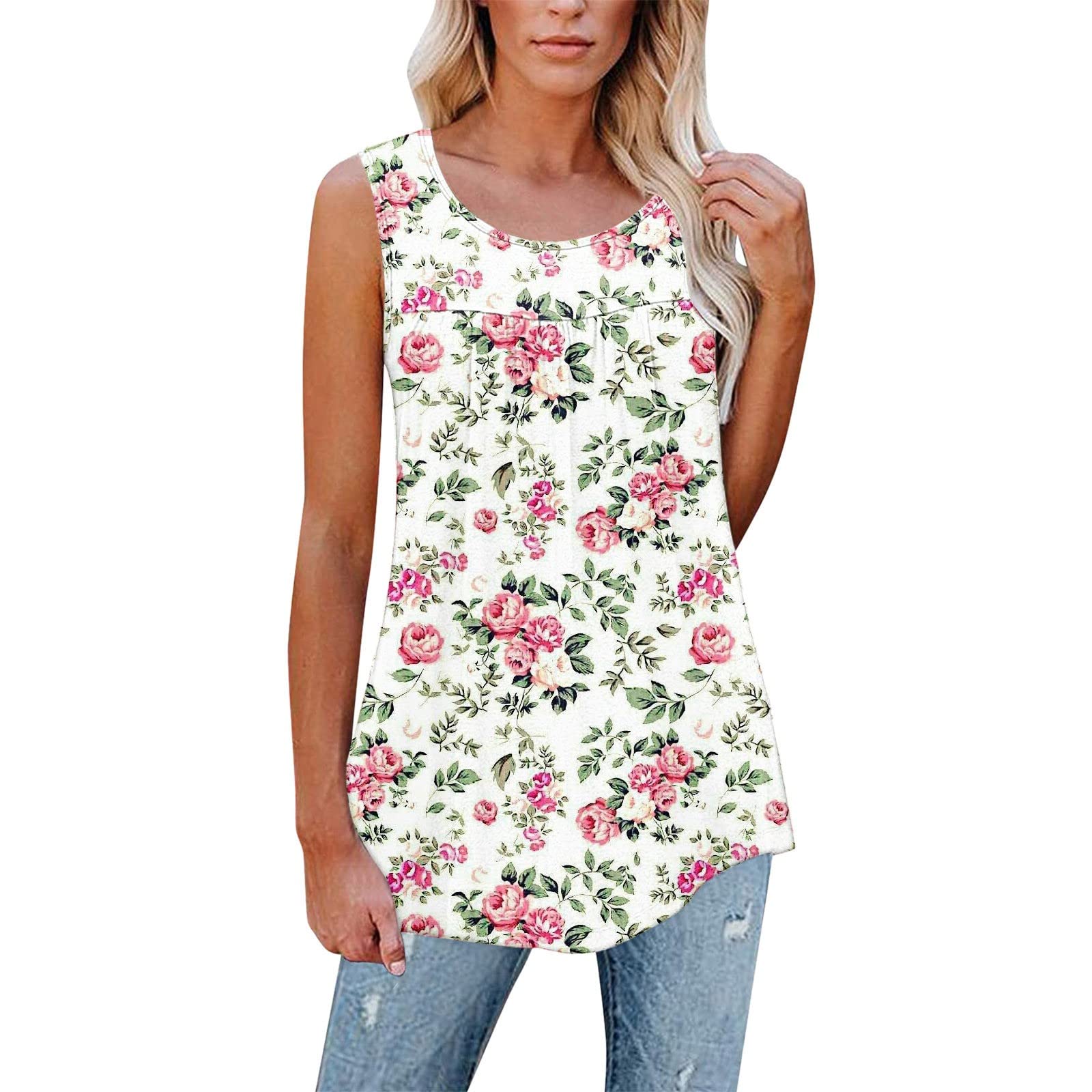 BISXOTY Women's Ruffle Blouse - Floral Print Sleeveless Tank Top, Plus Size Dressy Tunic for Casual & Office Wear