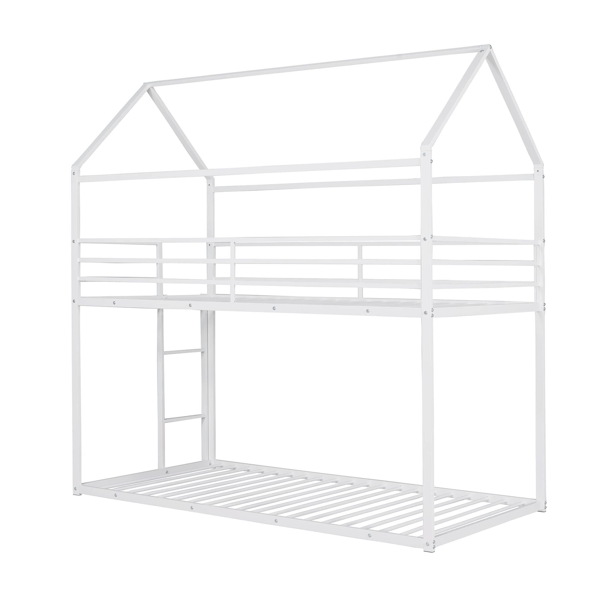 Harper & Bright Designs Twin Over Twin Metal Bunk Bed with Roof - Sturdy Full Length Guardrail & Built-in Ladder - No Box Spring Needed - White - Perfect for Kids' Bedroom, Dormitory or Space-Saving Home Furniture
