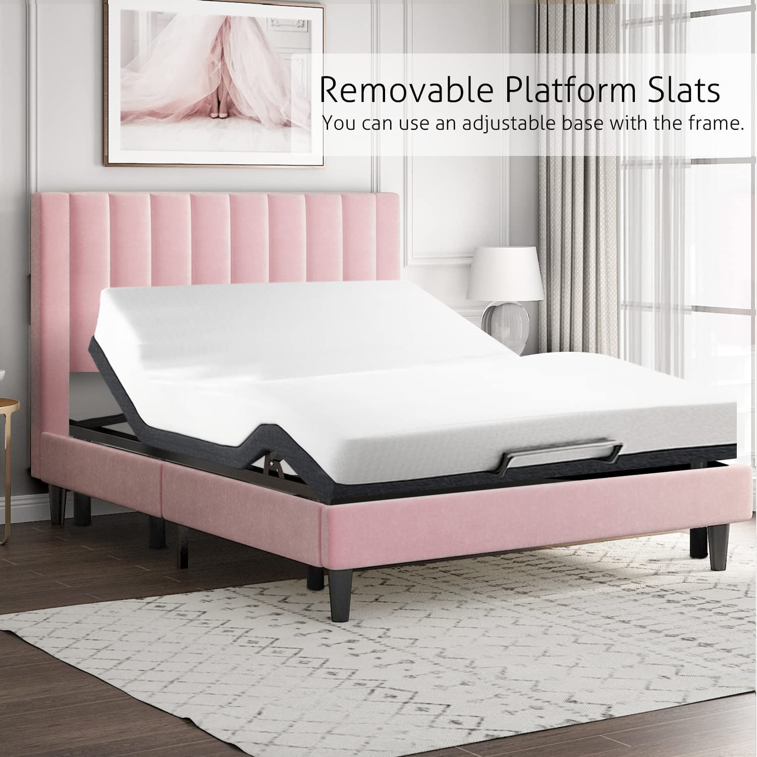 Luxury Velvet Upholstered Queen Size Bed Frame with Headboard - Pink | Solid Wood Slat Support | No Box Spring Required | Perfect for Master Bedroom, Guest Room & Apartment Decor
