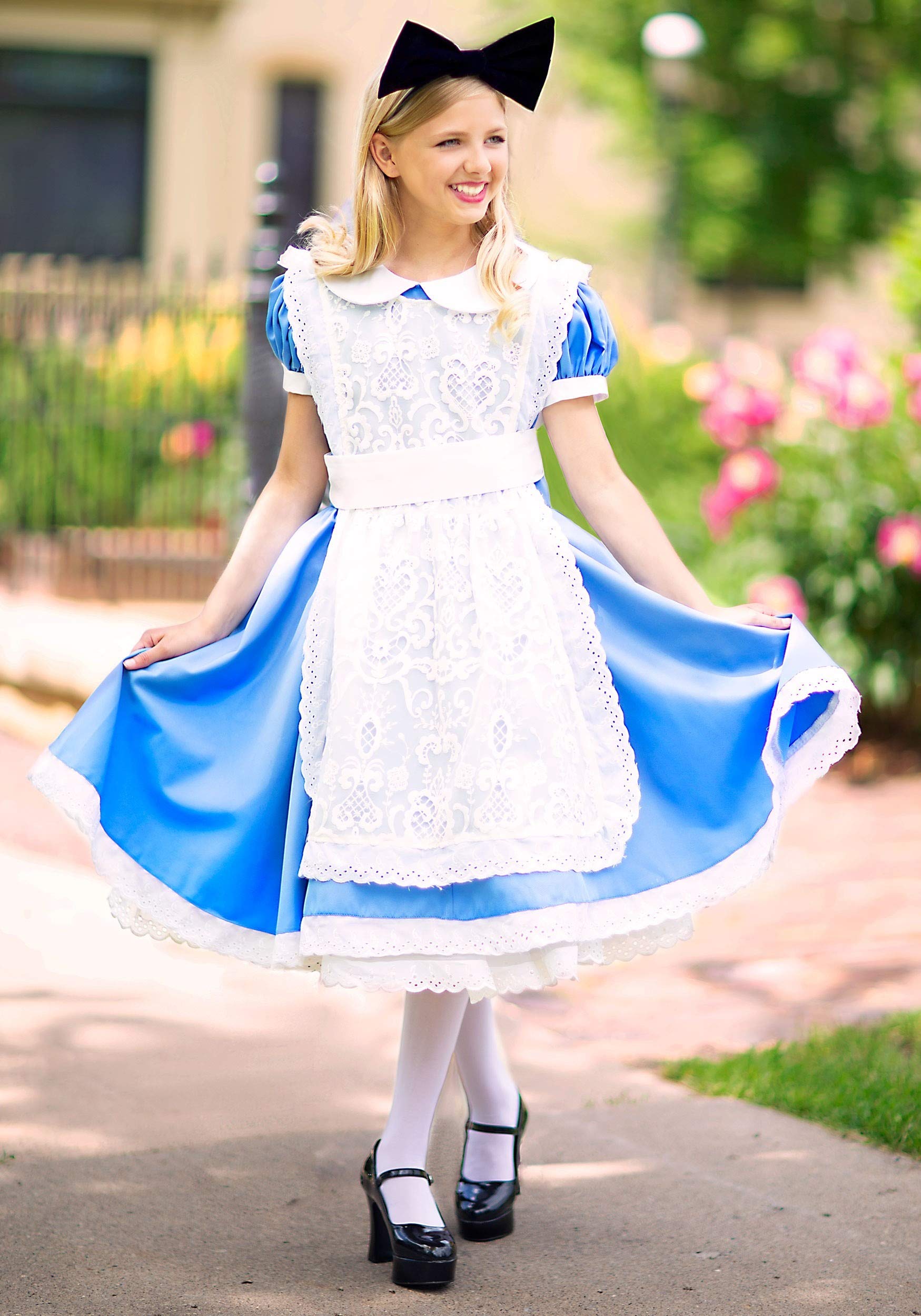 Alice in Wonderland Girls Costume - Classic Fairytale Blue Dress with Lace Apron & Bow Headband | Halloween Dress Up, Cosplay, Book Character Party Outfit
