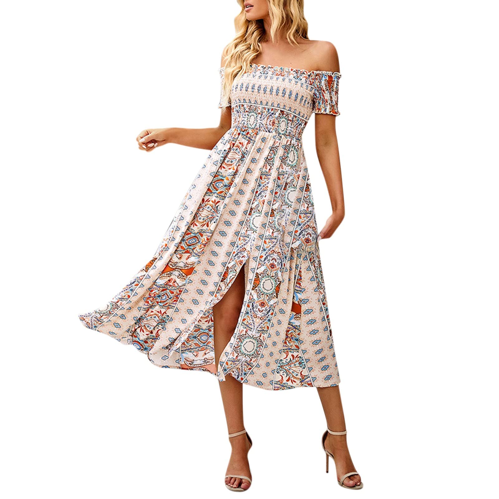 Boho Flowy Off The Shoulder Maxi Dress for Women - Summer Beach Vacation Dress with Smocked Waist - Perfect for Spring & Summer Outings, Beach Getaways, and Casual Wear