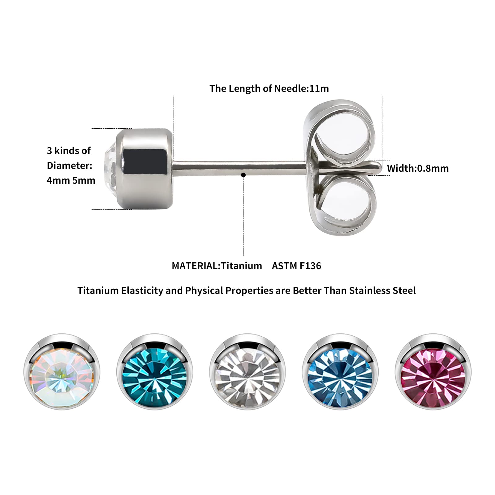 3 Pairs Hypoallergenic Titanium Stud Earrings for Women & Men - 4mm/5mm Crystal Earrings in Silver, Black, Rose Gold & Gold Plated - Perfect for Everyday Wear, Gifts & Special Occasions