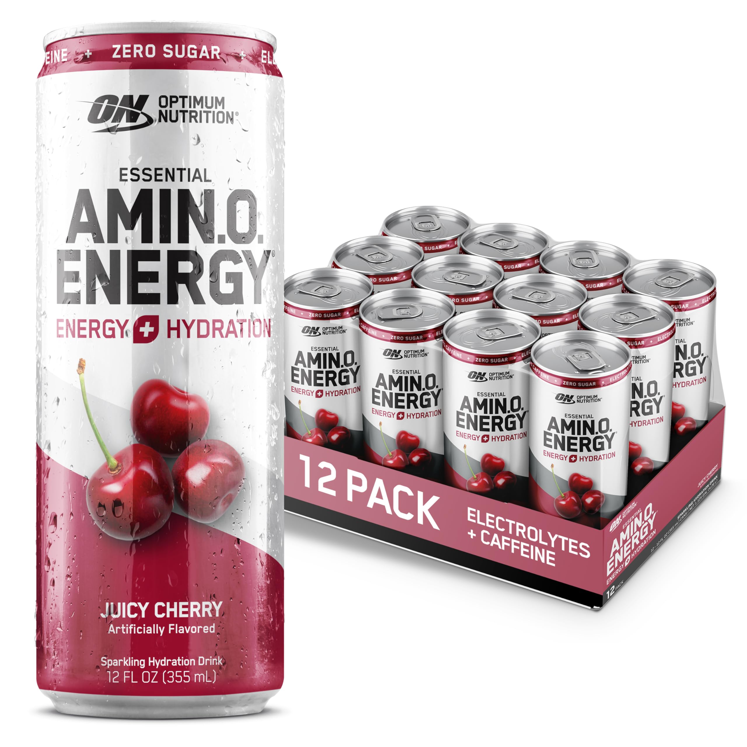 Optimum Nutrition Amino Energy Sparkling Hydration Drink with Electrolytes, Caffeine & BCAAs - Sugar Free Juicy Cherry Flavor, 12 Fl Oz (12 Pack) - Perfect for Workouts, Recovery & Energy Boost