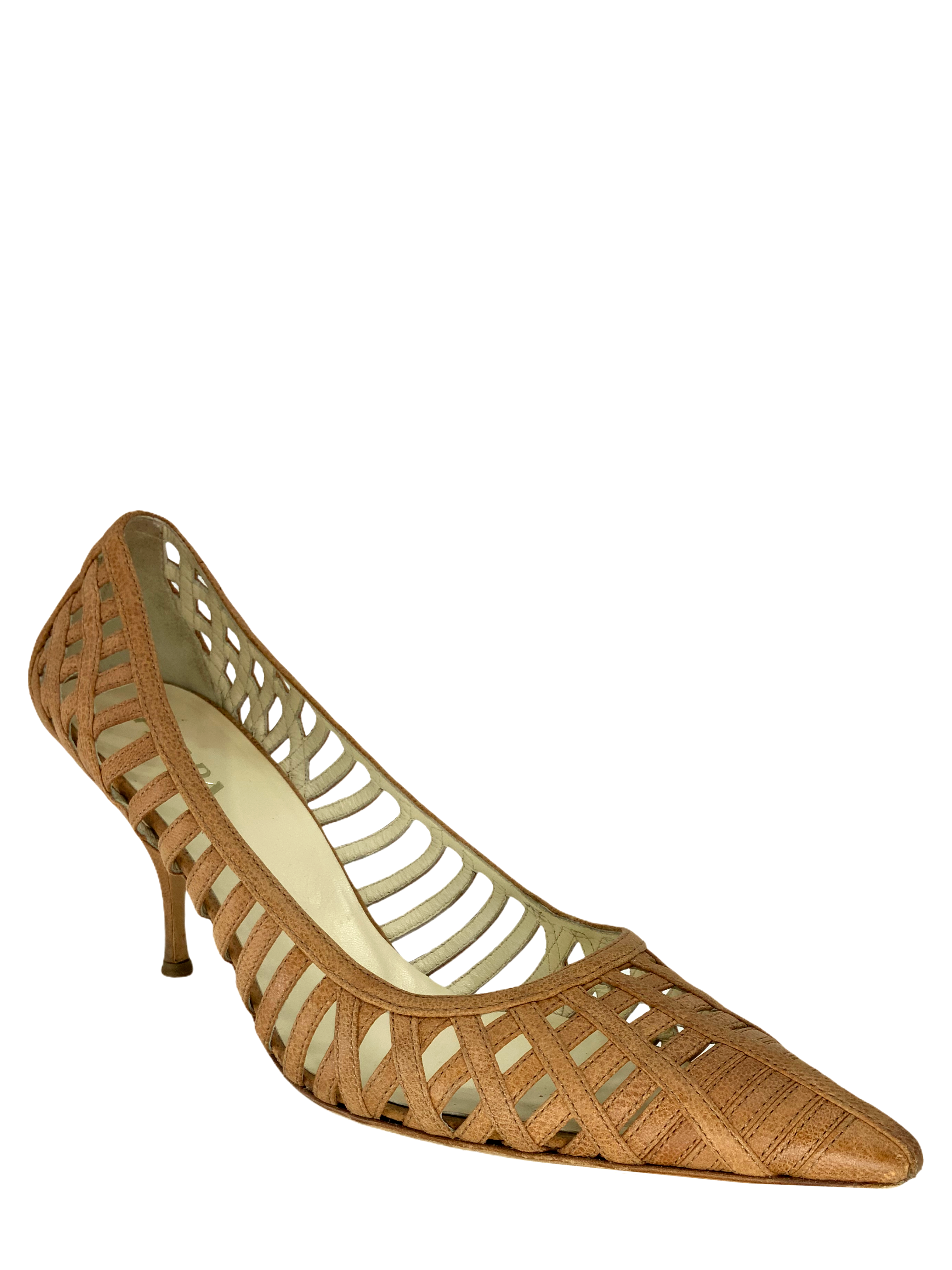 Prada Women's Laser Cut Leather Pumps - Size 9 US | Elegant Pointed Toe Heels for Office, Party & Wedding Events