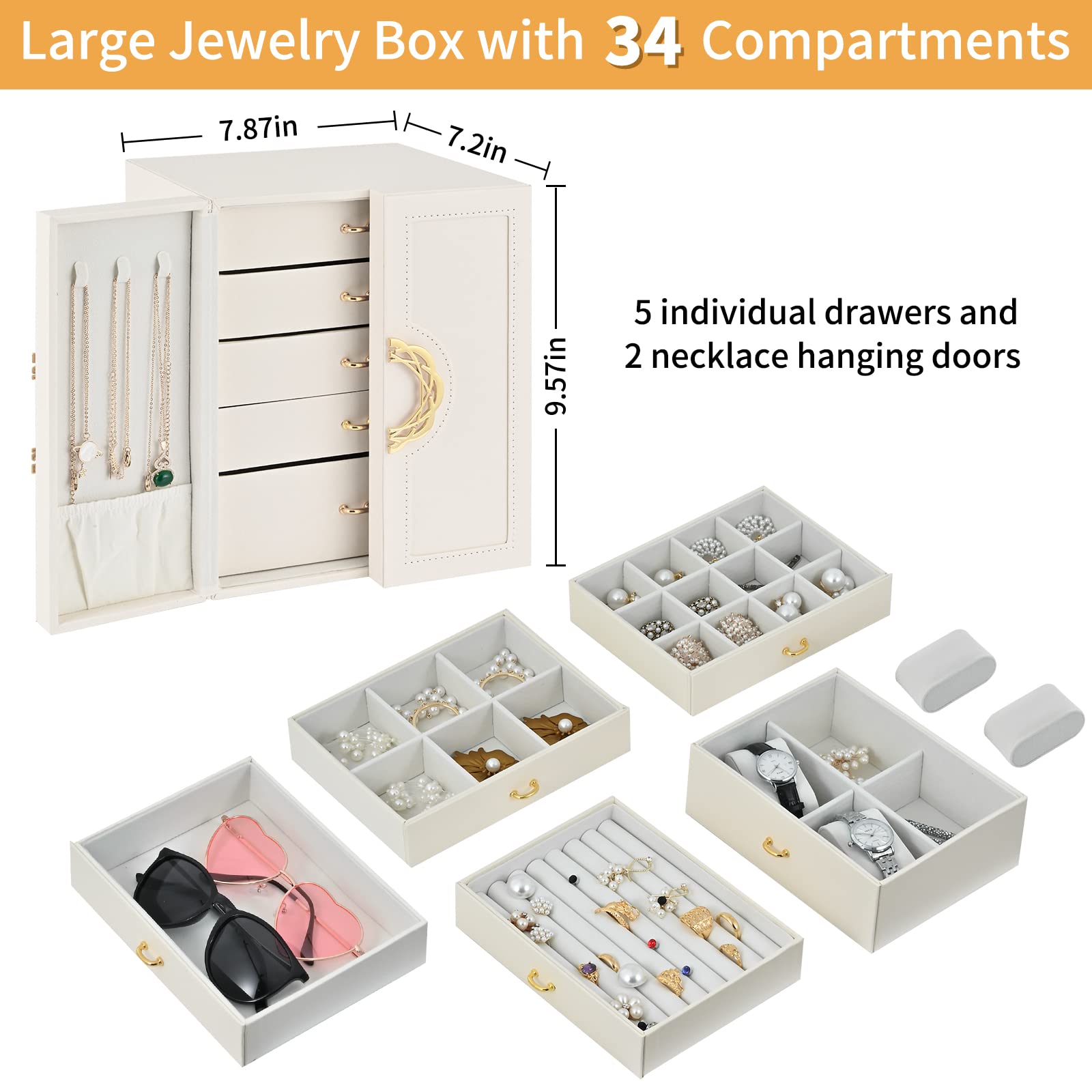 5-Tier Jewelry Organizer Box - Large White Synthetic Leather Storage Case with Drawers for Rings, Bracelets, Earrings, Necklaces, Watches & Sunglasses | Perfect for Women's Bedroom Vanity, Closet & Travel
