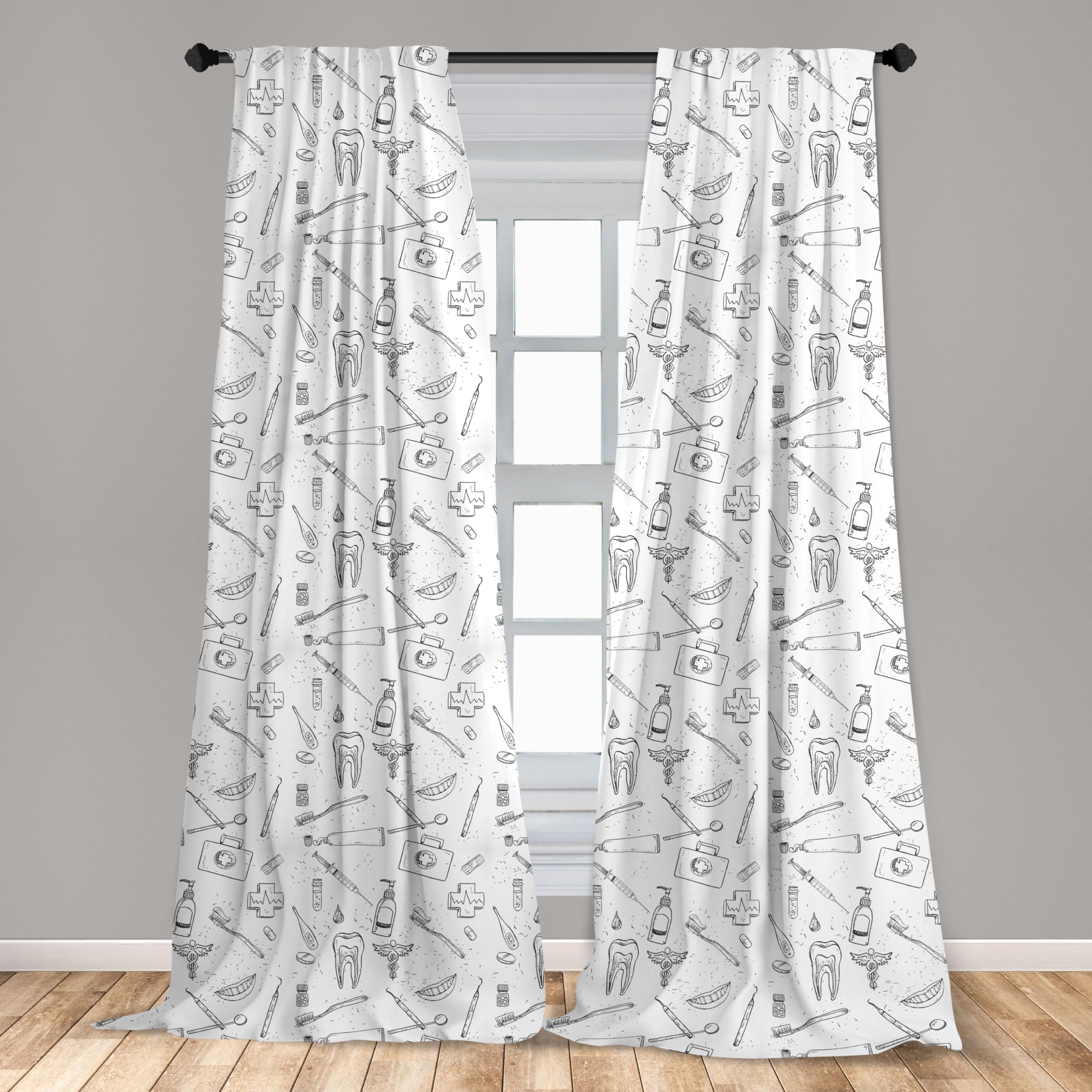 Ambesonne Hipster Black and White Dental Hygiene Themed Curtains - Hand Drawn Teeth Care Design, 28