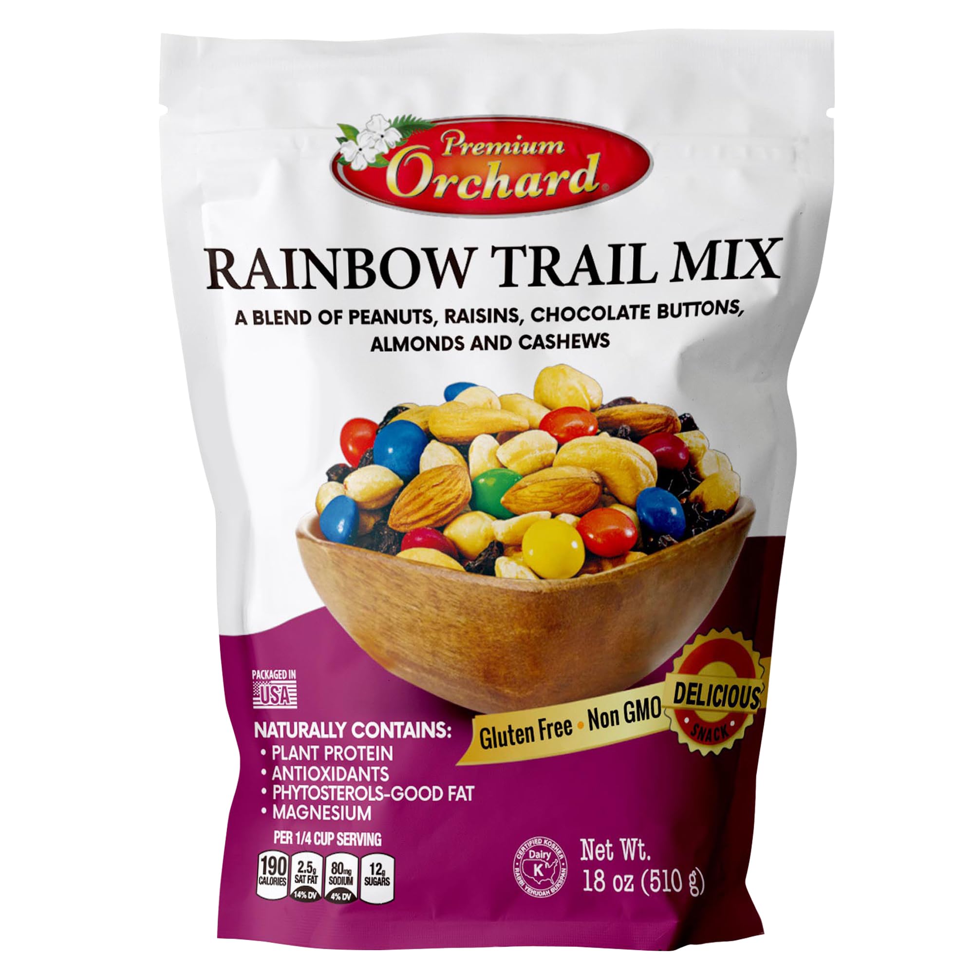 Premium Orchard Rainbow Trail Mix - Healthy Snack Pack with Peanuts, Raisins, Cashews, Almonds & Chocolate Buttons | Gluten-Free, Heart-Healthy Mixed Nuts for Adults & Kids | Perfect for Hiking, School Lunches & Office Snacks