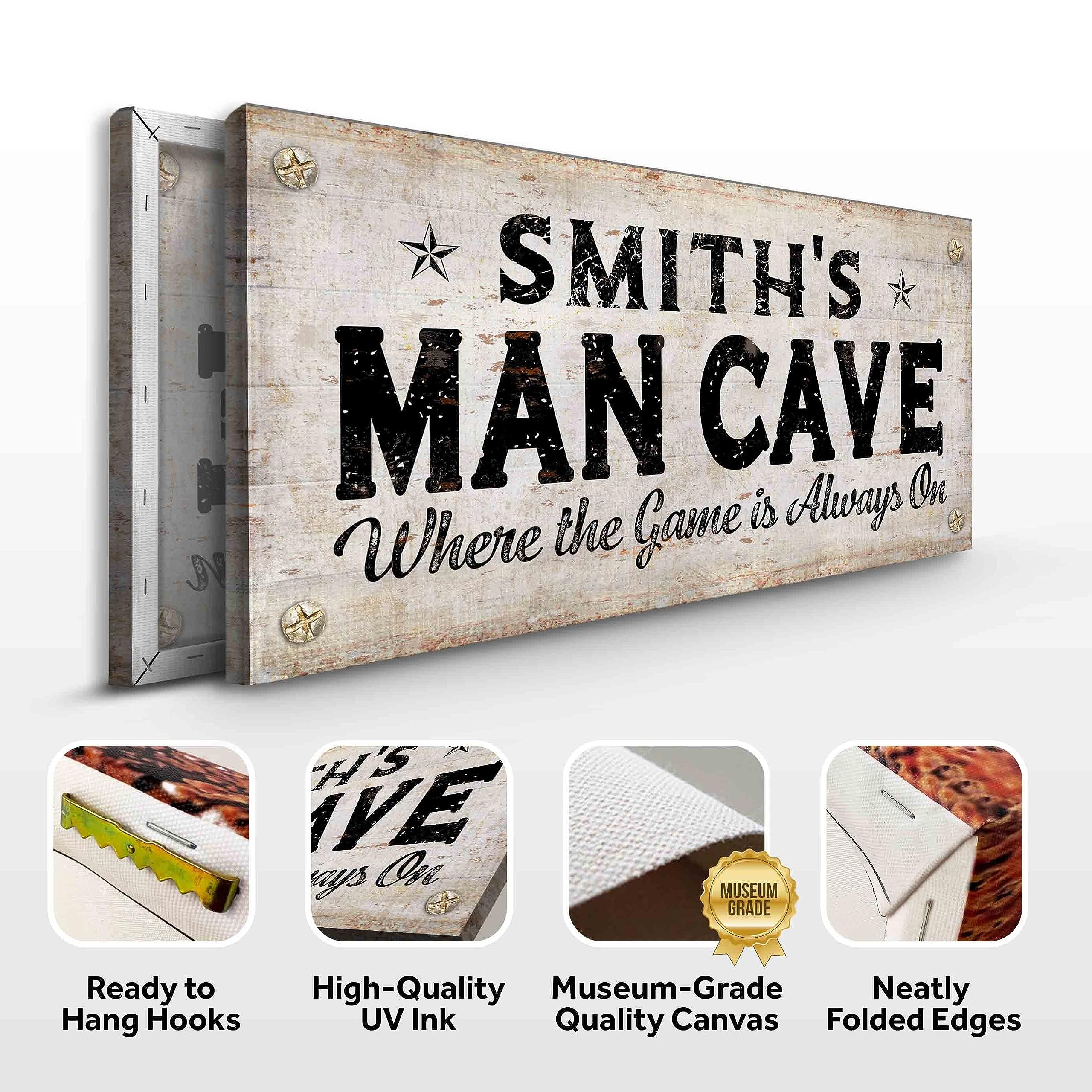 Personalized Man Cave Wall Art - Custom Rustic Decor Sign for Home Bar, Game Room & Basement | 48x24 Inch Canvas Print | Perfect for Entertainment Spaces & Masculine Interior Design