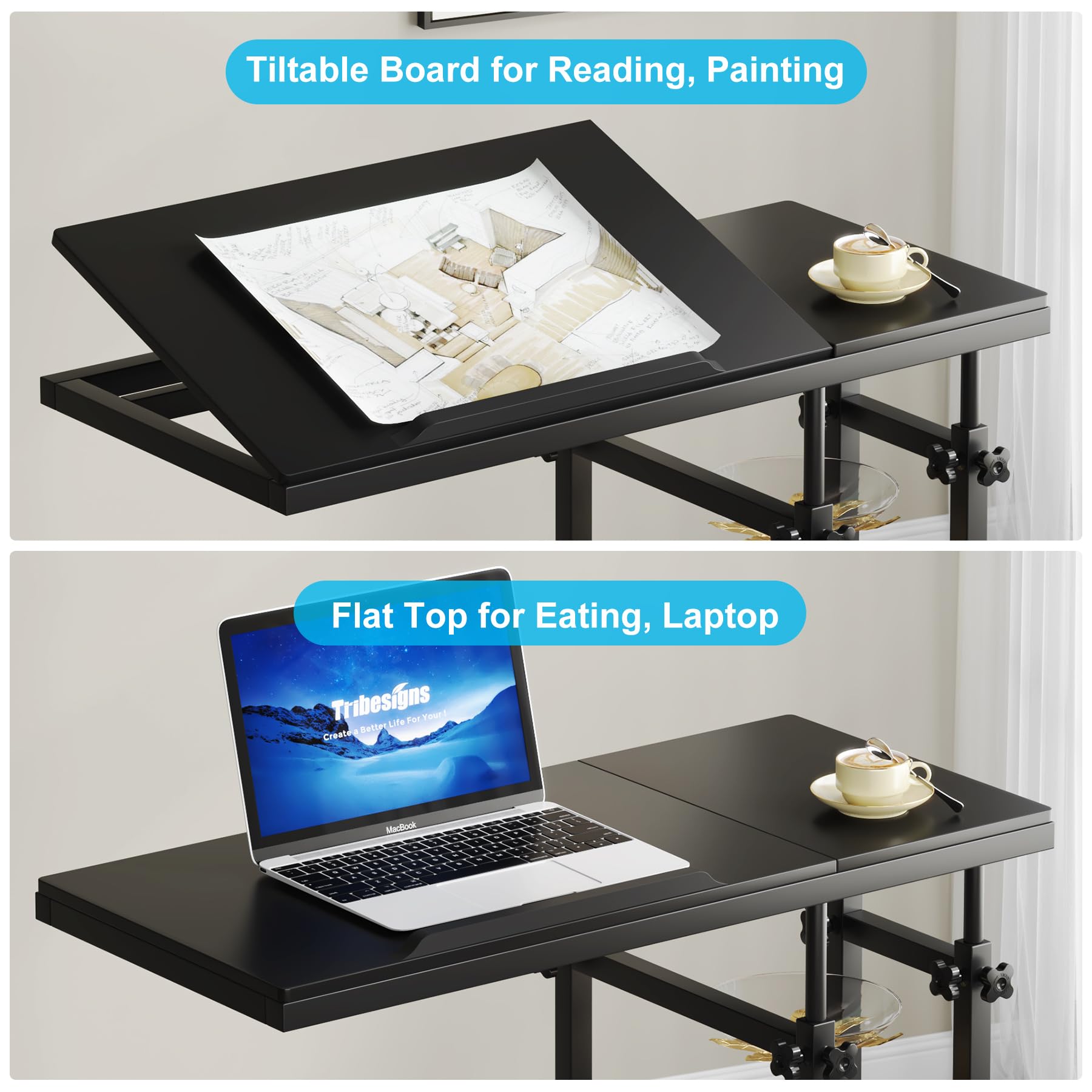 Tribesigns Adjustable Height C-Shaped Table with Wheels - Mobile Sofa Side Table, Tiltable Drawing Board, Bedside Laptop Stand & TV Tray with Storage Shelves - Perfect for Living Room, Bedroom, Office (Black)