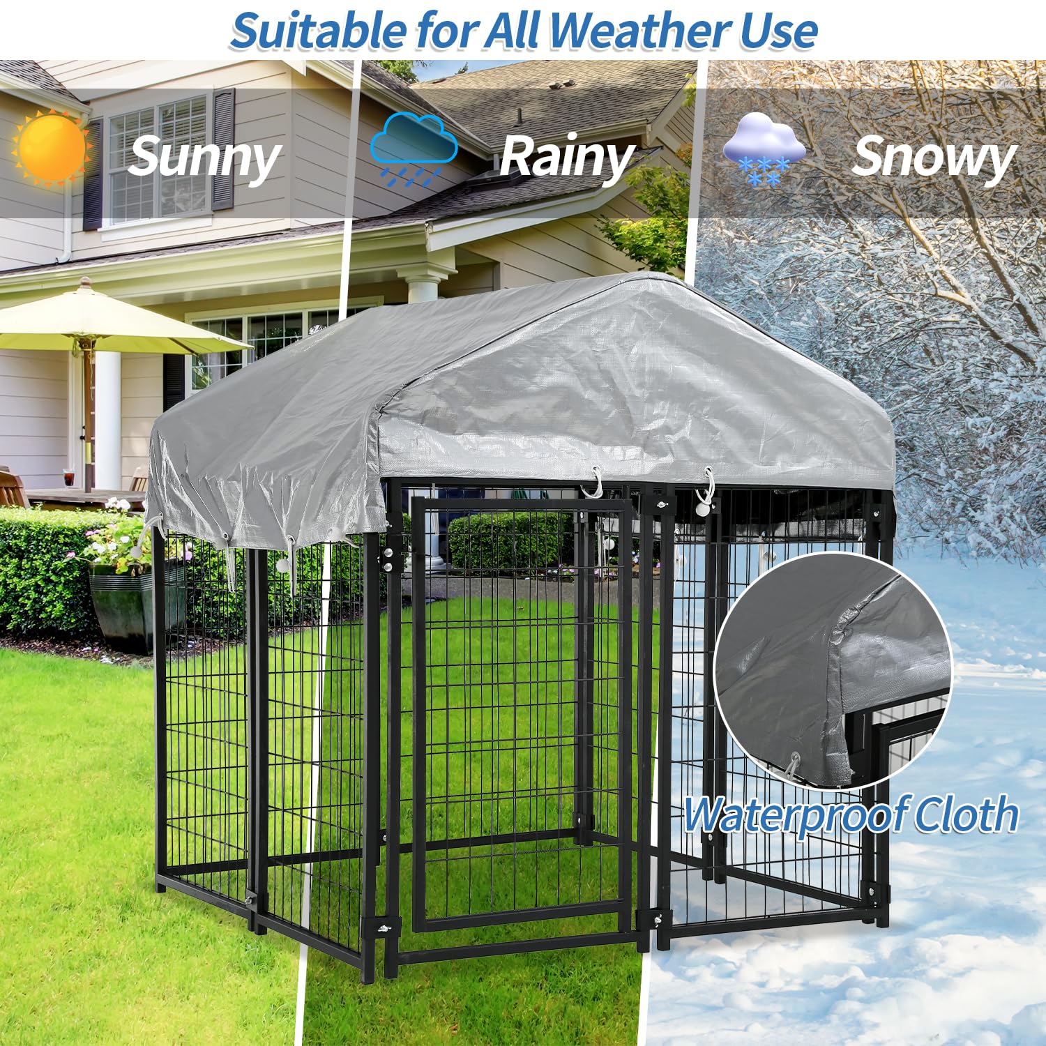 4x4x4.3FT Large Outdoor Dog Kennel with Roof - Heavy Duty Wire Dog Crate, Puppy Playpen & Weatherproof Fence with UV Protection Cover | Perfect for Backyard, Patio & Camping Use