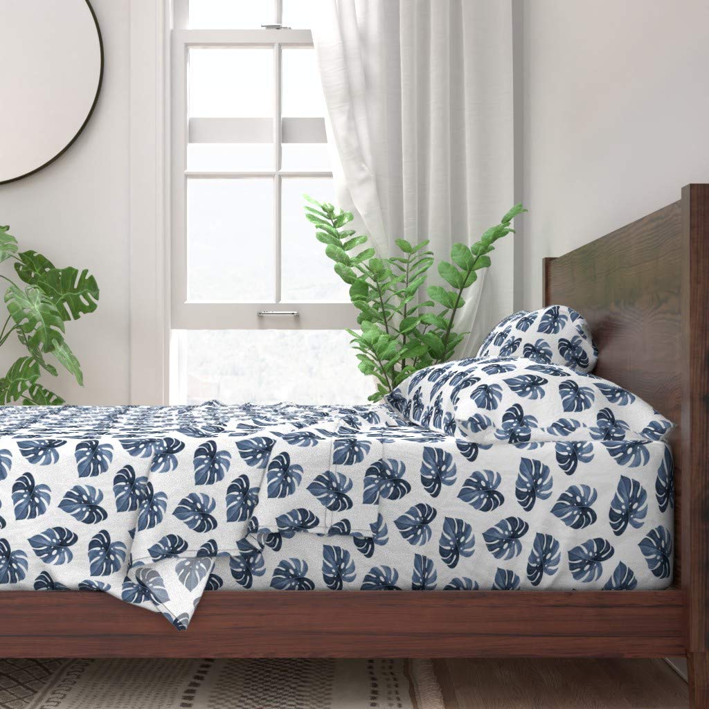 100% Cotton Queen Size 4-Piece Sheet Set | Blue Tropical Leaves Floral Palm Watercolor Monstera Print Bedding | Soft Breathable Sheets for Summer, Guest Room & Beach House Decor