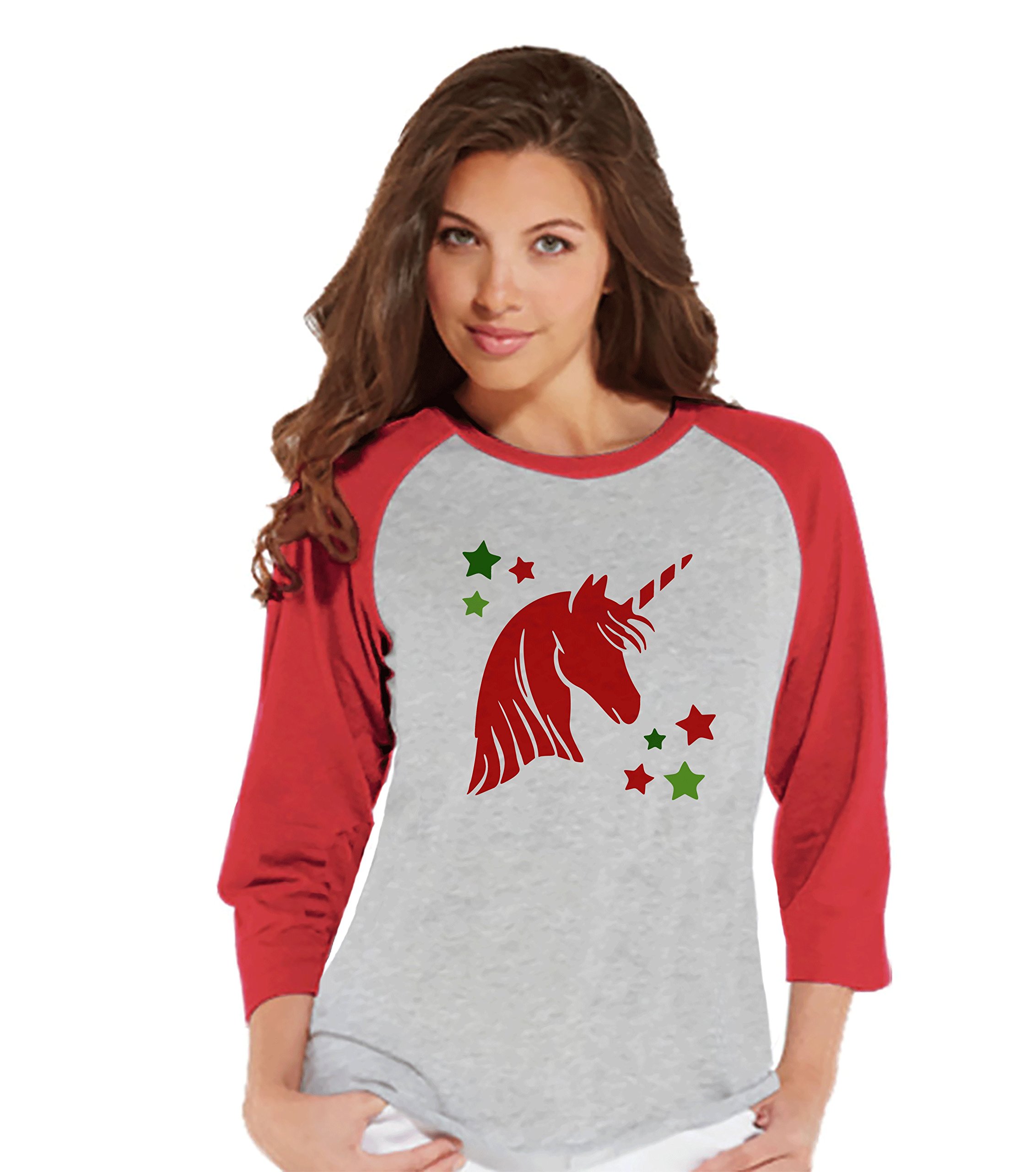 7 ate 9 Apparel Women's Christmas Unicorn Graphic Baseball Tee - Cute Holiday Party Shirt for Festive Gatherings & Gift Giving