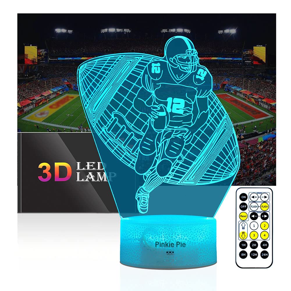3D Illusion Football Night Light - Rugby Player LED Lamp with Remote & Timer, Perfect for Kids Room Decor, Birthday Gifts for Boys Age 6-10 | Bedside Nightlight, Game Room Decor, Sports Themed Nursery Lighting