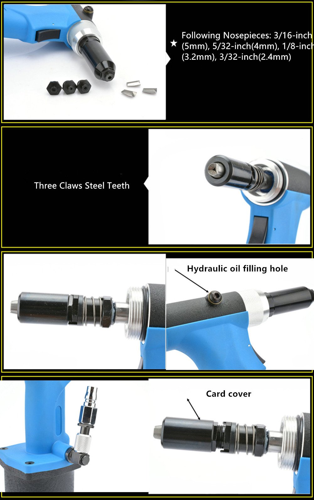 Heavy Duty Air Hydraulic Rivet Gun 1/4 inch NPT Self Suction Pneumatic Pop Pull Riveter - Professional Riveting Tool for Metal Fabrication, Automotive Repair & Industrial Assembly