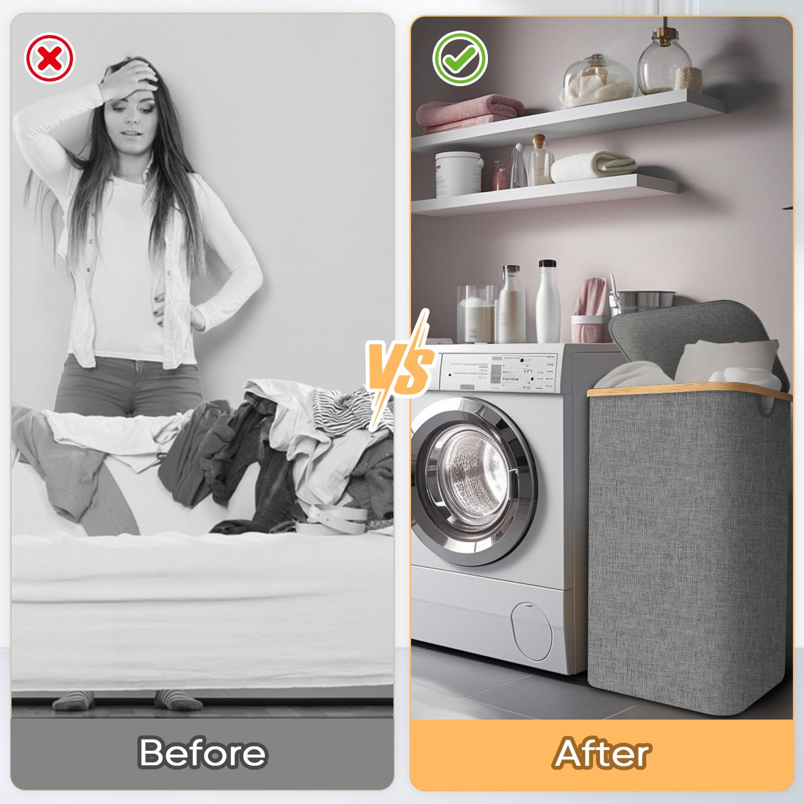 BALEINE Large Laundry Hamper with Lid & Bamboo Handles - 26 Gallon (100L) Tall Laundry Basket with Internal Support - Grey - Perfect for Bedroom, Bathroom & Dorm Organization