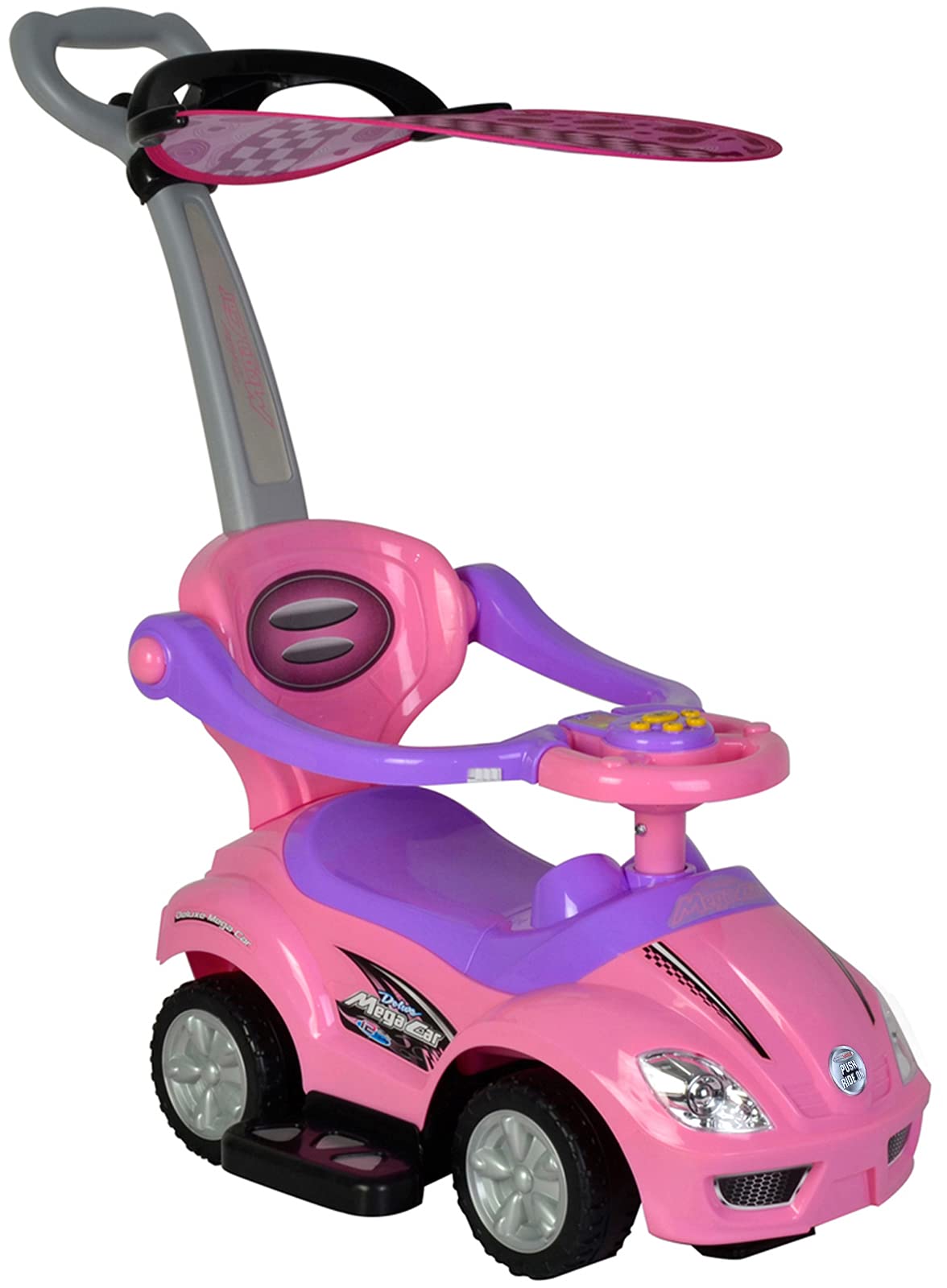3-in-1 Pink Toddler Push Car with Removable Canopy, Handle, Horn & Music - Ride-On Toy for Kids 1-3 Years | Indoor & Outdoor Play, Birthday Gifts, Park Adventures