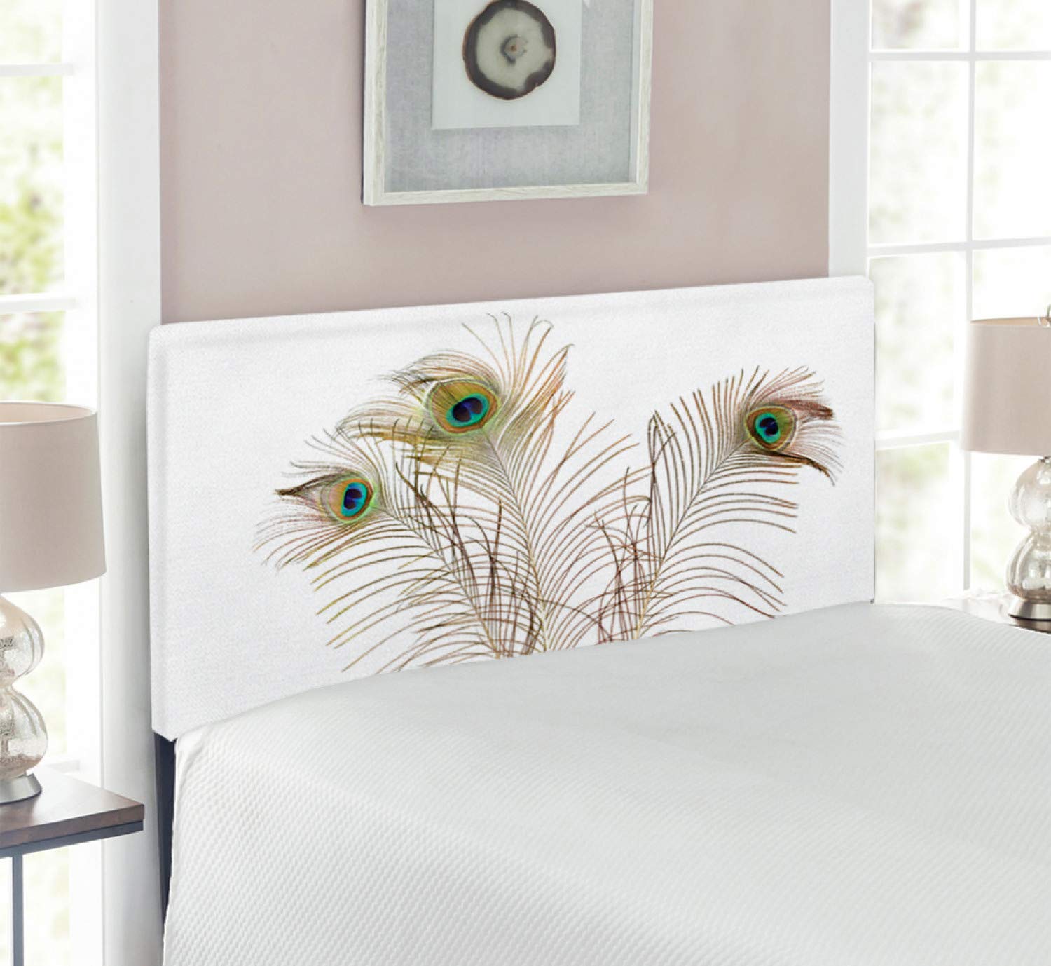 Ambesonne Peacock Feather Headboard - Minimalist Upholstered Metal Bed Frame with Memory Foam, Twin Size in Turquoise & Brown | Perfect for Bohemian & Modern Bedroom Decor