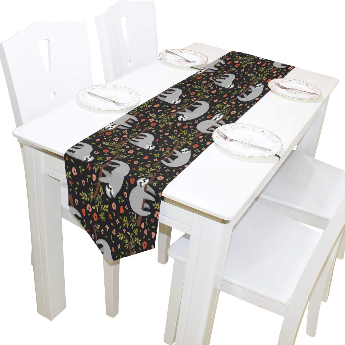 AUUXVA 13x90 Inches Long Table Runner - Cute Sloth & Floral Pattern Polyester Tablecloth for Dining Table, Kitchen, Coffee Table | Perfect for Home Decor, Parties, Banquets & Holiday Celebrations