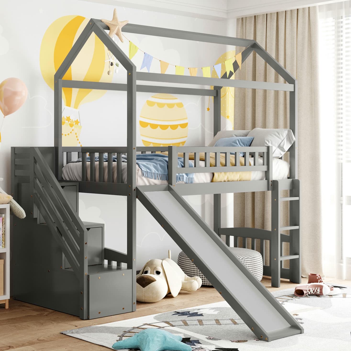 Wooden Twin Loft Bed with Stairs and Slide - Kids Playhouse Bed with Storage Drawers for Boys & Girls - No Box Spring Needed (Twin Size, Gray) - Perfect for Small Bedrooms, Playrooms & Kids' Sleepovers