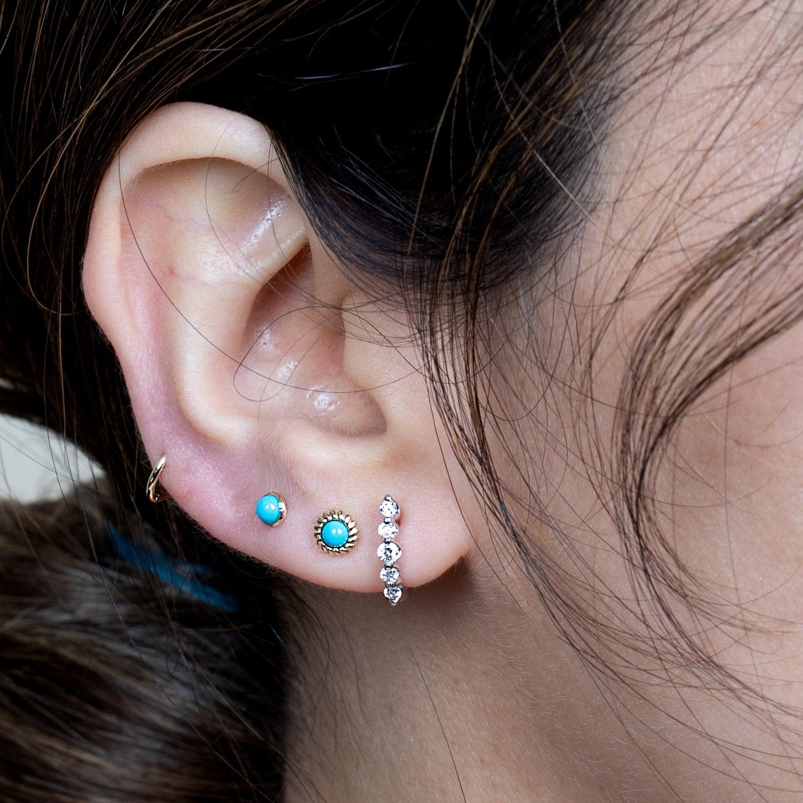 14K Yellow Gold Round Turquoise Cabochon Stud Earrings - Flat Back Bezel Set for Everyday Wear & Boho Jewelry