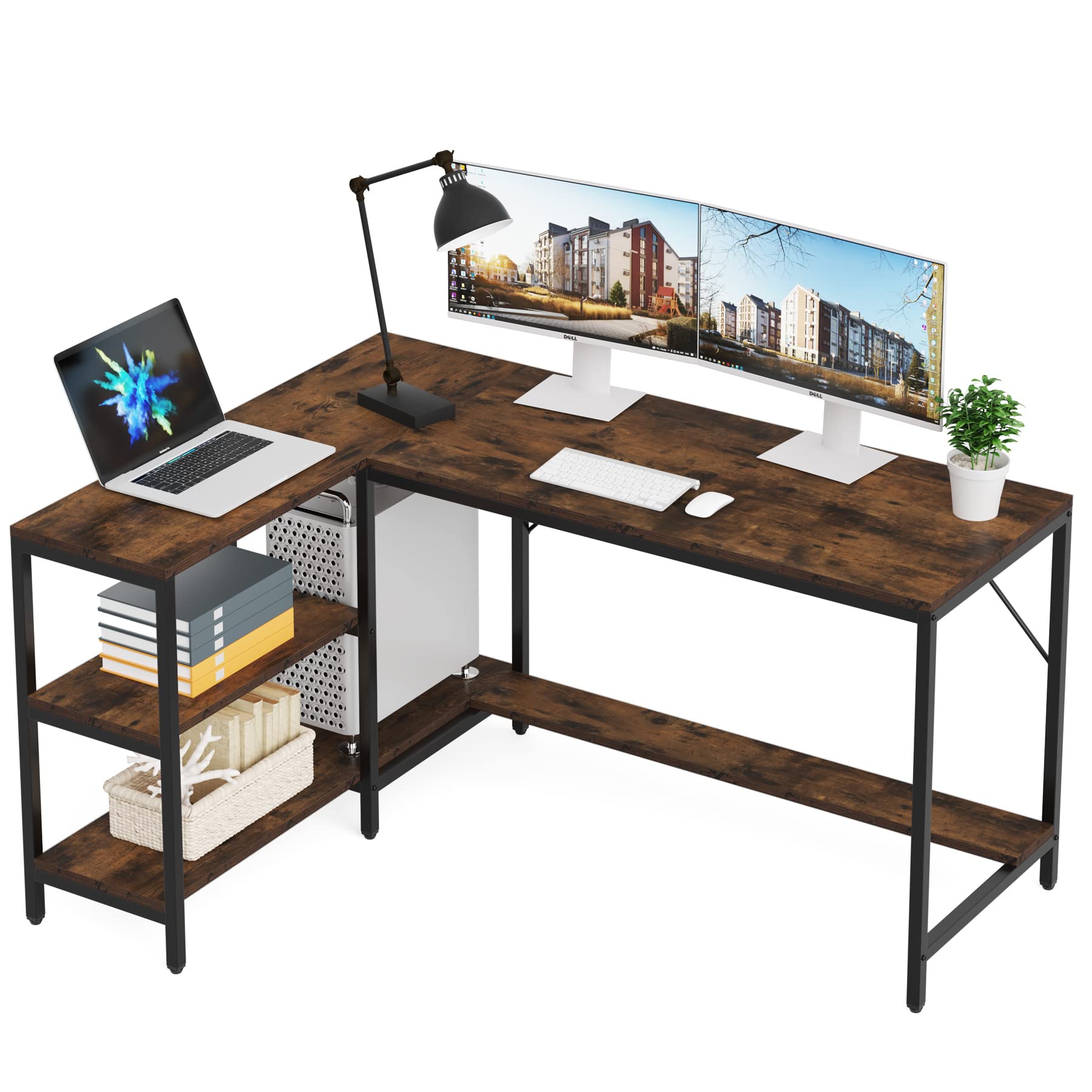 Tribesigns L-Shaped Computer Desk with Storage Shelves - Reversible Gaming Desk for Home Office, Study & Workstation - Rustic Brown Finish for Modern & Rustic Decor