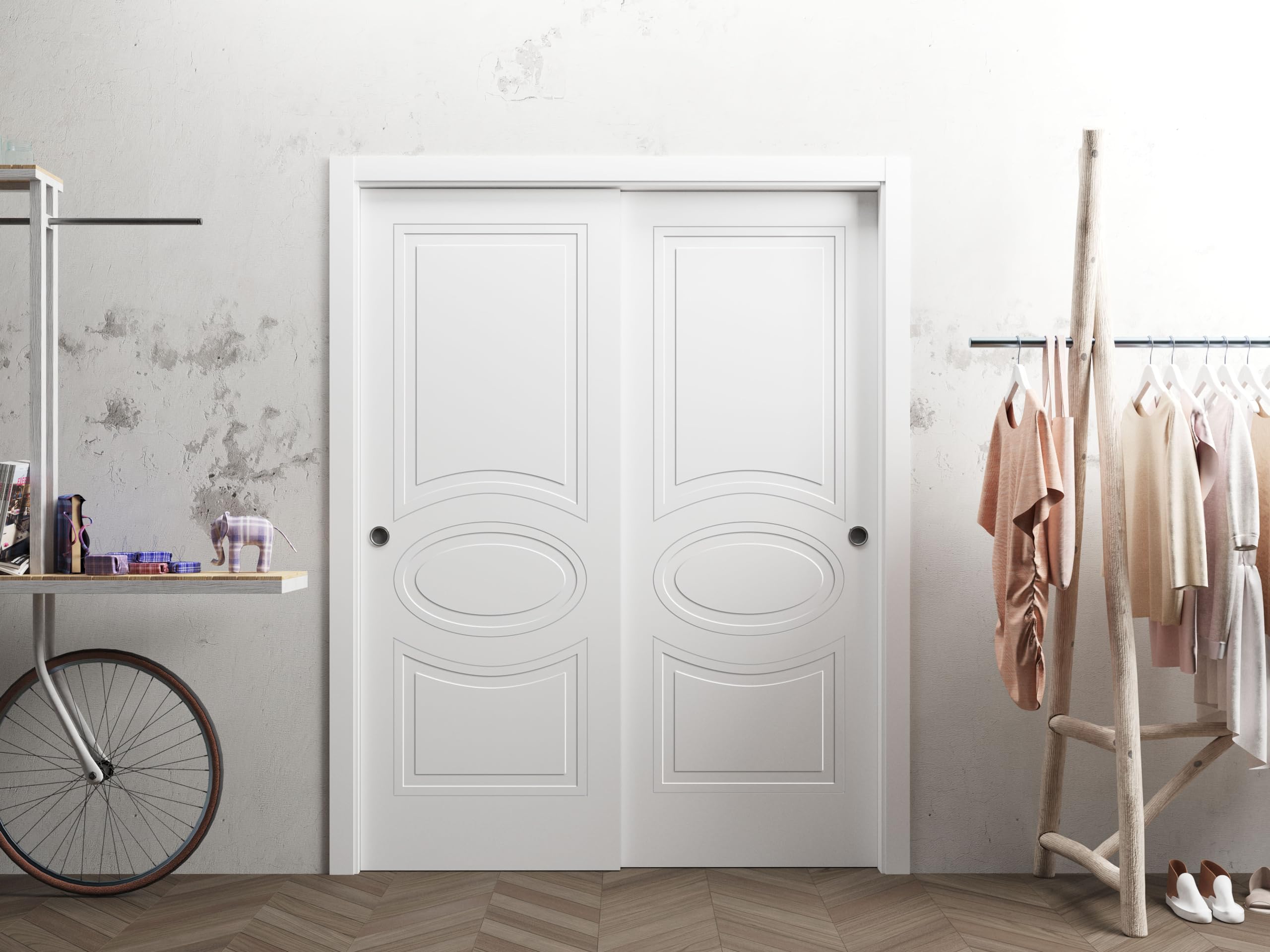 VDOMDOORS 64x80 Inch Sliding Closet Bypass Doors - Matte White Mela 7001 with Wooden Rails Hardware Set | Solid Wood Bedroom Wardrobe Doors for Master Closet & Walk-in Closets