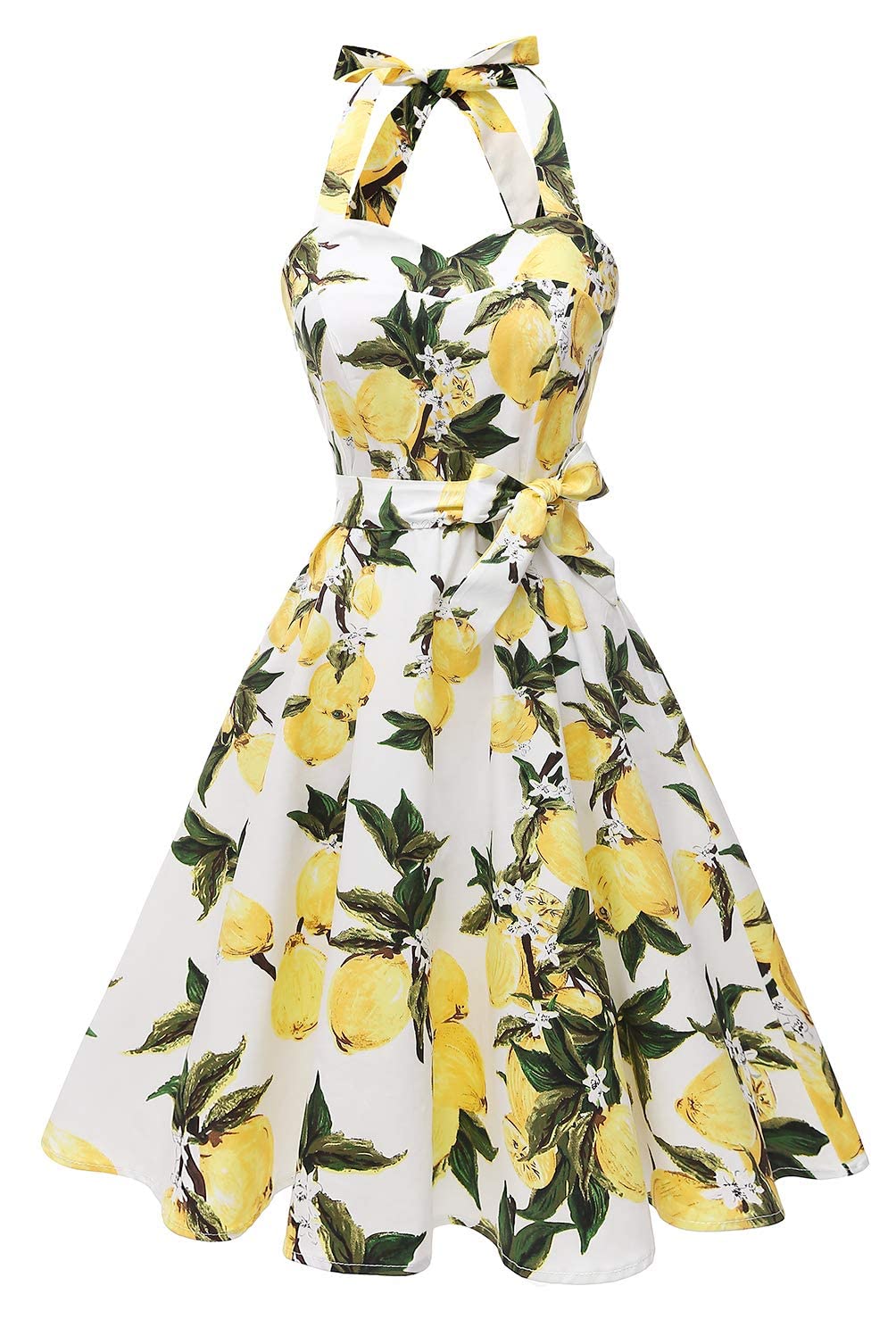 Vintage Polka Dot Audrey Dress for Women - 1950s Retro Halter Cocktail Dress in White & Lemon | Perfect for Cocktail Parties, Weddings, and Vintage-Themed Events