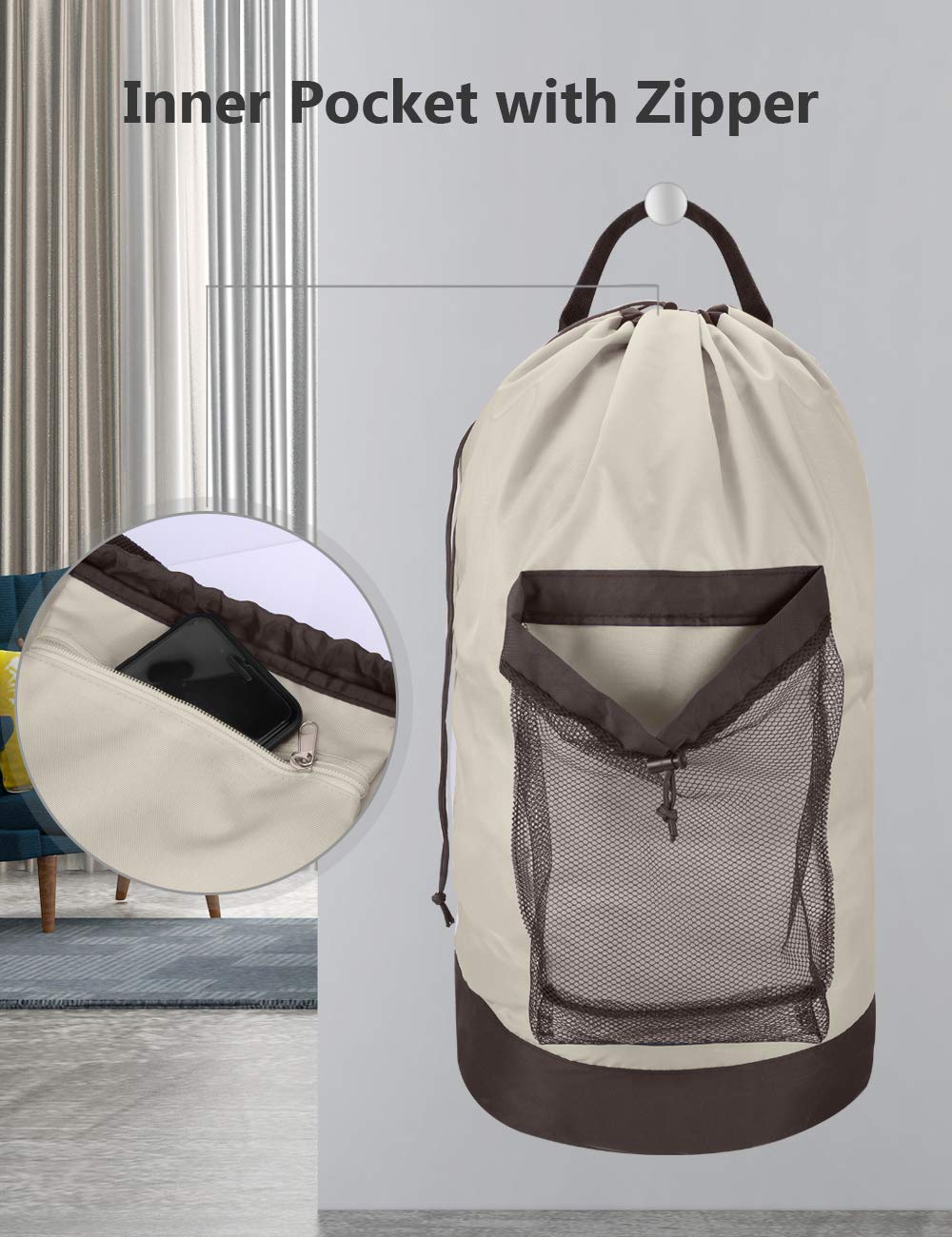 Dalykate Laundry Backpack with Shoulder Straps & Mesh Pocket - Durable Nylon Drawstring Clothes Hamper Bag for College Students, Travel, Laundromat & Apartment - Perfect for Dorm Room, Gym & Camping Trips