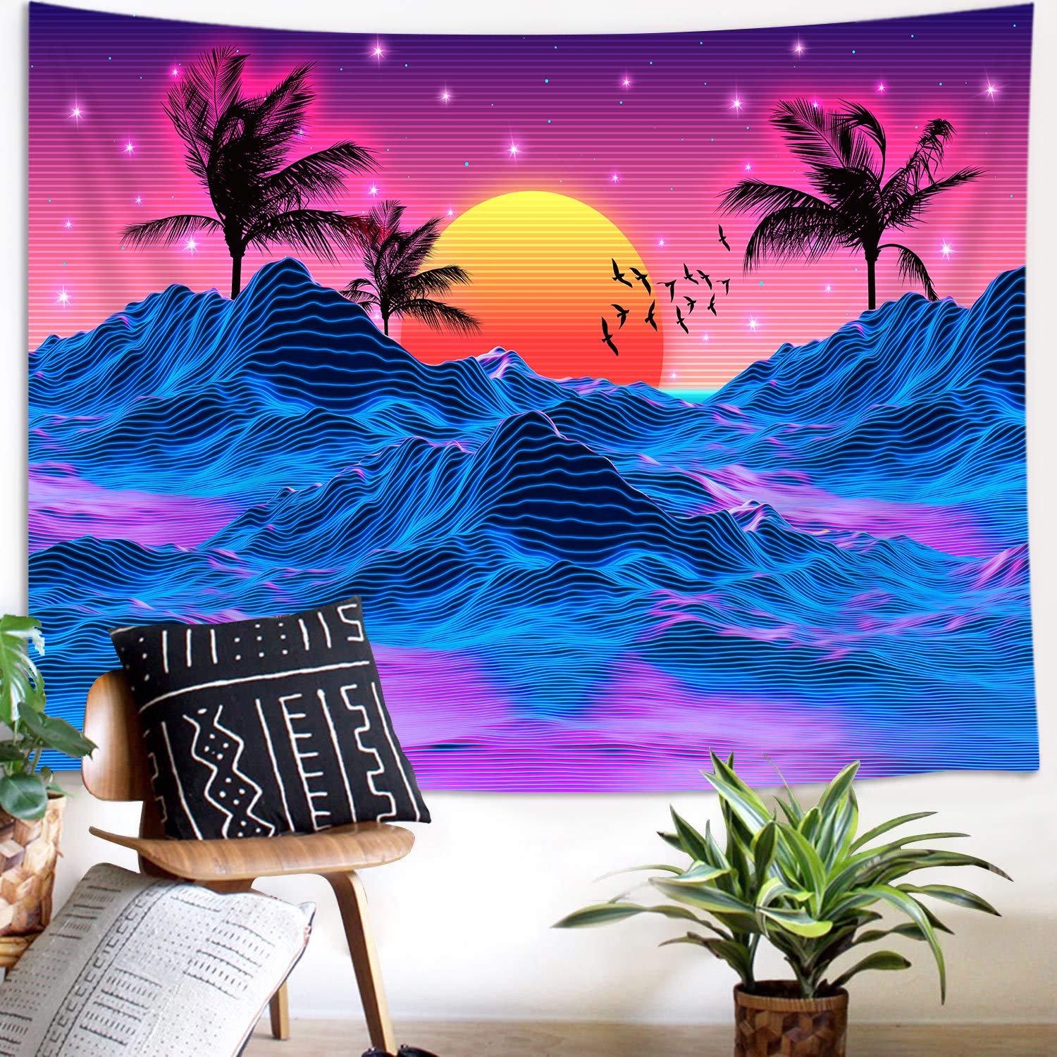 JAWO Retro Neon Trippy Extra Large Tapestry Wall Hanging - 70s 80s Vaporwave Aesthetic Art for Men | Cool Mountain Sun Design (90