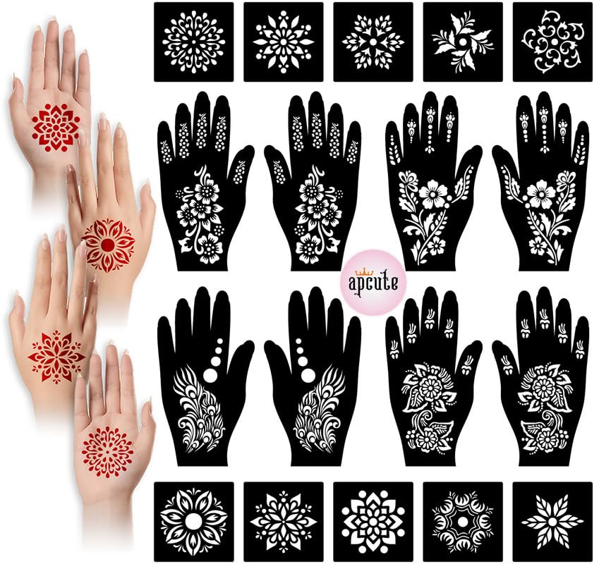 APCUTE Temporary Henna Tattoo Stickers for Hands - 18 Piece Mehndi Stencil Kit for Women, Girls & Kids | Easy 4-Step Application | Perfect for Weddings, Festivals & DIY Body Art