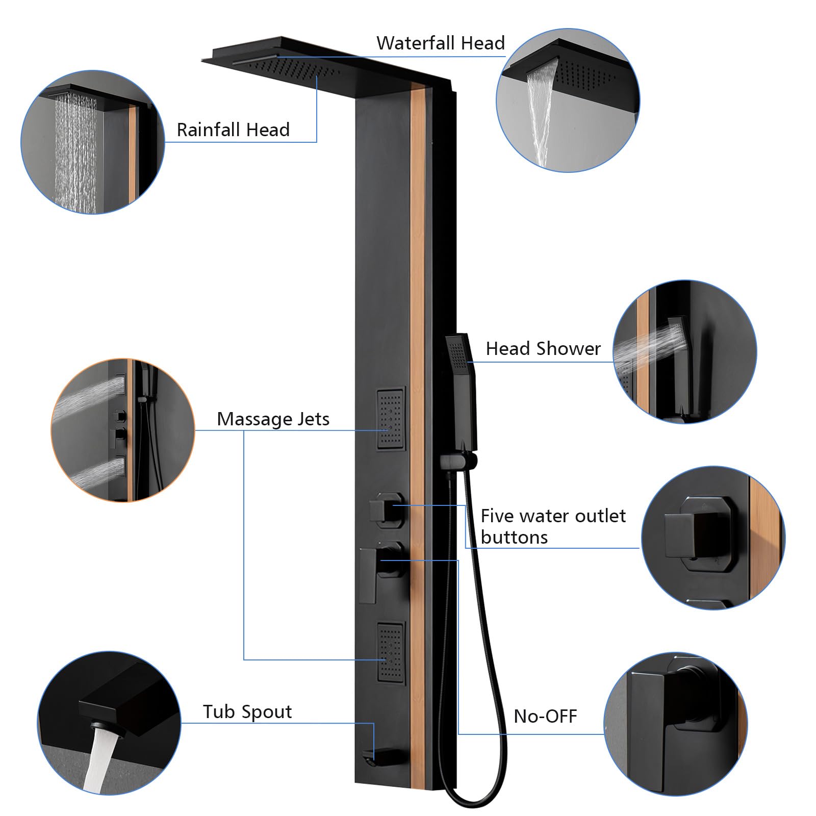 BWE Stainless Steel Shower Tower Panel System - Multi-Function Rainfall Shower Head with Waterfall, Massage Jets & Tub Spout for Luxury Bathroom Upgrade (Black) | Perfect for Spa-Like Experience in Master Bath & Modern Home Renovations