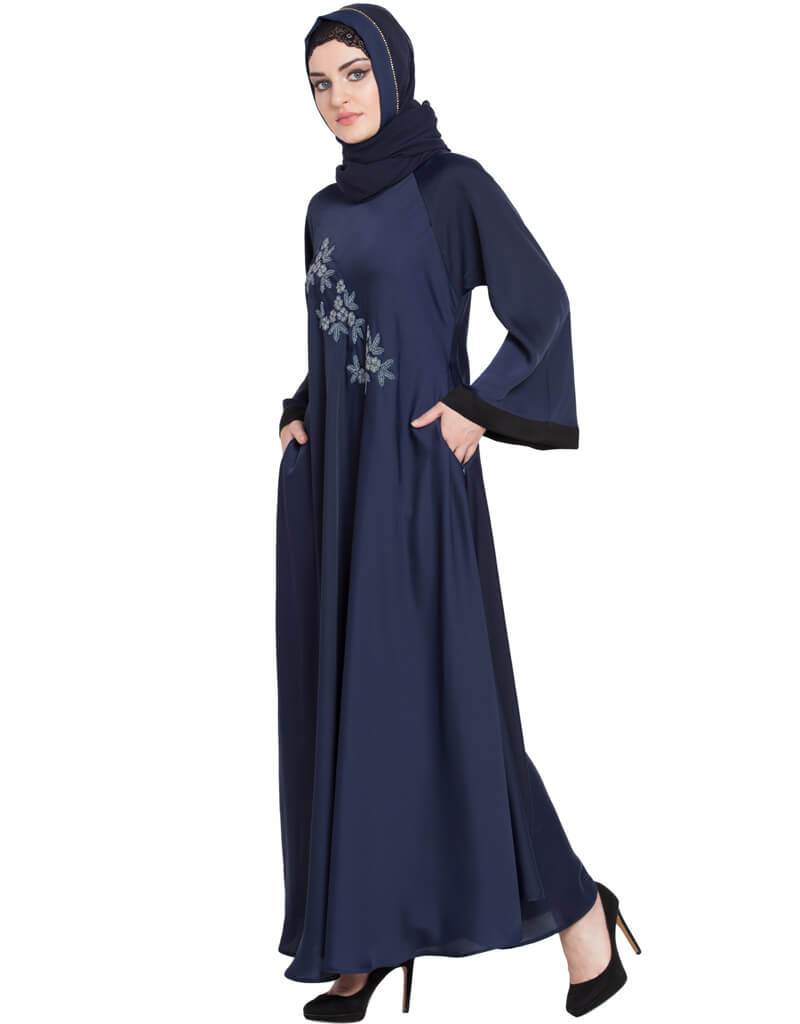 Hand Embroidered Arabic Umbrella Nida Abaya - Navy Blue Abaya Dress for Women | Perfect for Eid, Ramadan, Wedding & Special Occasions