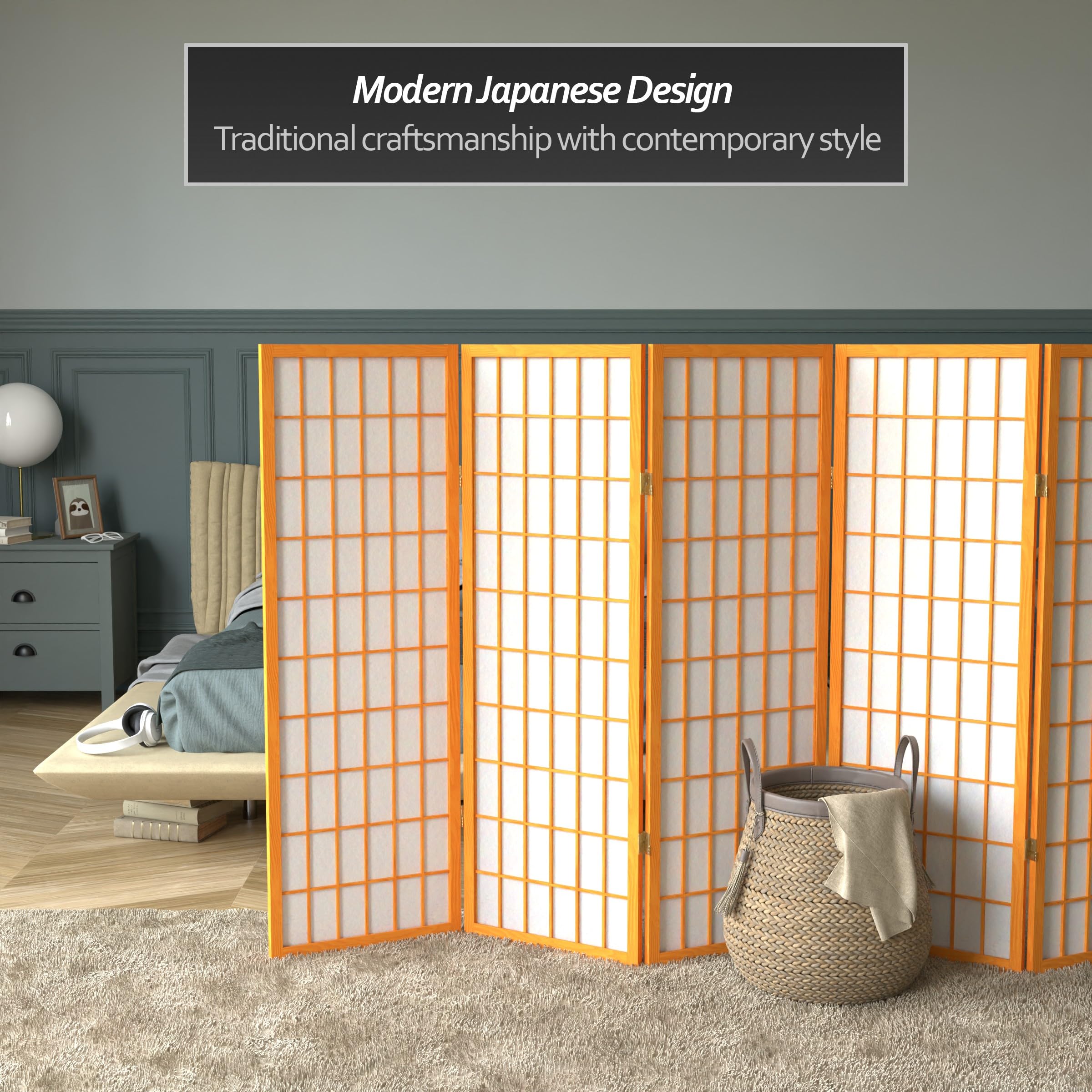 4 ft. Short Honey-Colored Shoji Room Divider Screen - 5-Panel Folding Privacy Partition for Home, Office & Meditation Spaces - Traditional Japanese Style Window Pane Design
