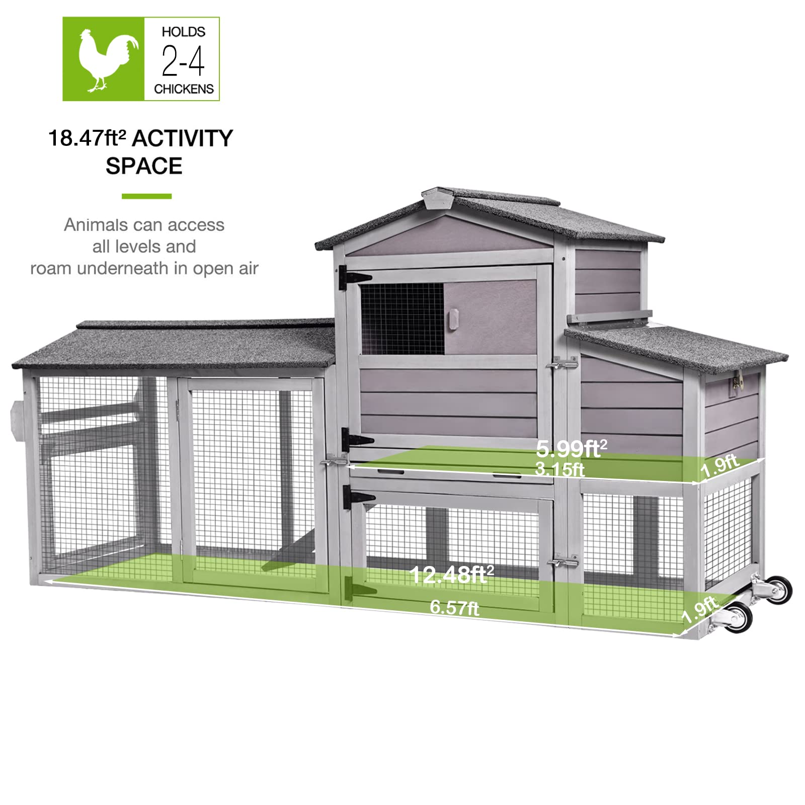 GUTINNEEN 80in Mobile Chicken Coop with Run - Portable Wooden Poultry Cage, Rabbit Hutch with Nesting Box & Wheels - Ideal for Backyard Farming, Poultry Raising & Small Animal Shelter
