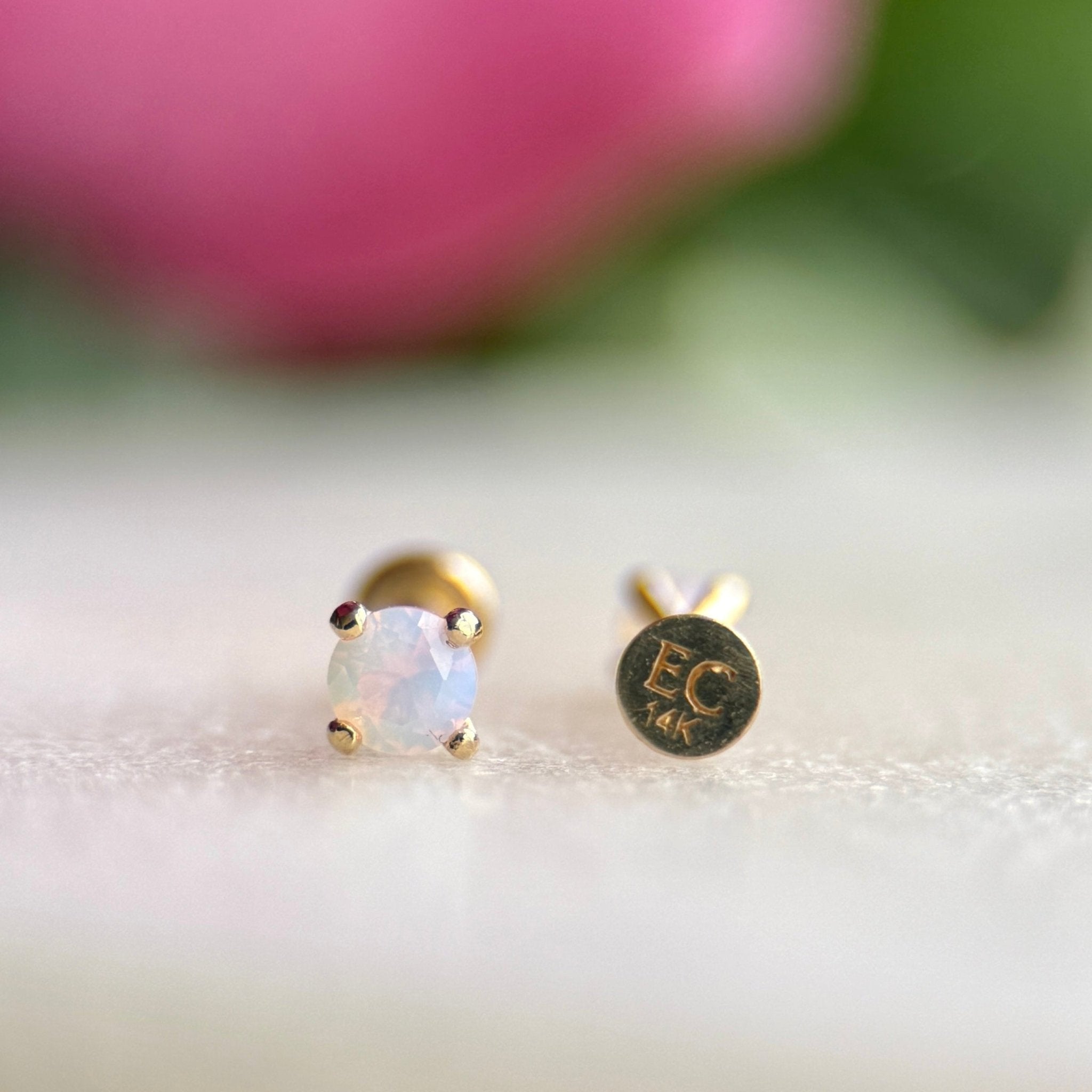 14k Yellow Gold Pink Opal Cartilage Flat Back Stud Earrings - Dainty & Hypoallergenic Jewelry for Women, Perfect for Everyday Wear & Special Occasions