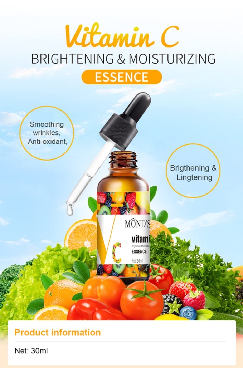 Vitamin C Serum for Face with Ethyl Ascorbic Acid & Hyaluronic Acid - Brightening Treatment for Hyperpigmentation & Dark Spots - 30ml with Free Bio-Cellulose Under Eye Masks (Pack of 5) - Perfect for Daily Skincare Routine & Nighttime Skin Repair