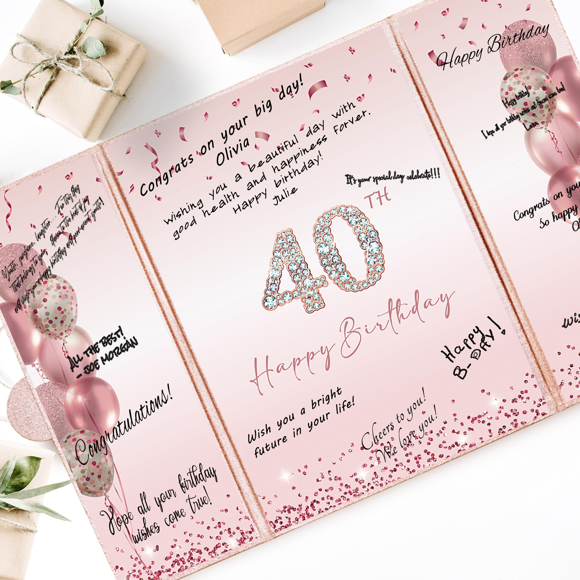 DARUNAXY Rose Gold 40th Birthday Party Decorations Set - Happy 40th Birthday Guest Book Alternative for Women, Pink 'Cheers to 40 Years' Signing Board - Perfect for Milestone Celebrations, Birthday Party Supplies & Photo Backdrop